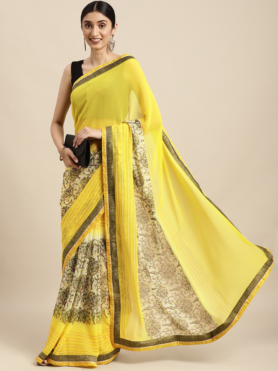 

SANGAM PRINTS Yellow & White Ethnic Motifs Sequinned Saree With Unstitched Blouse