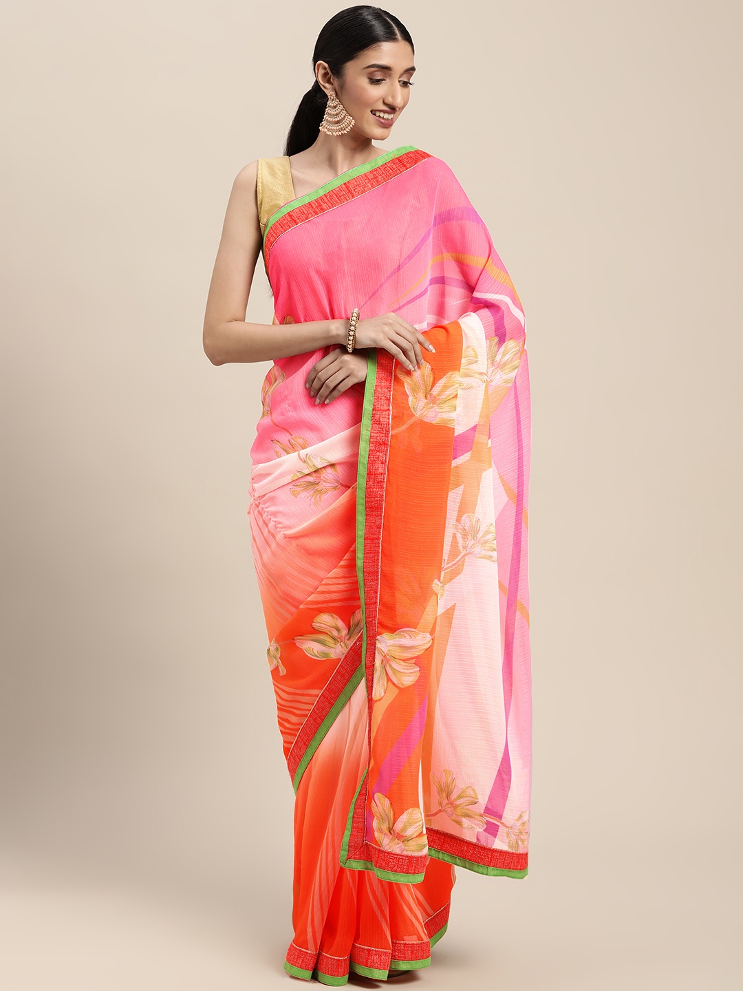 

SANGAM PRINTS Orange & Pink Abstract Printed Saree