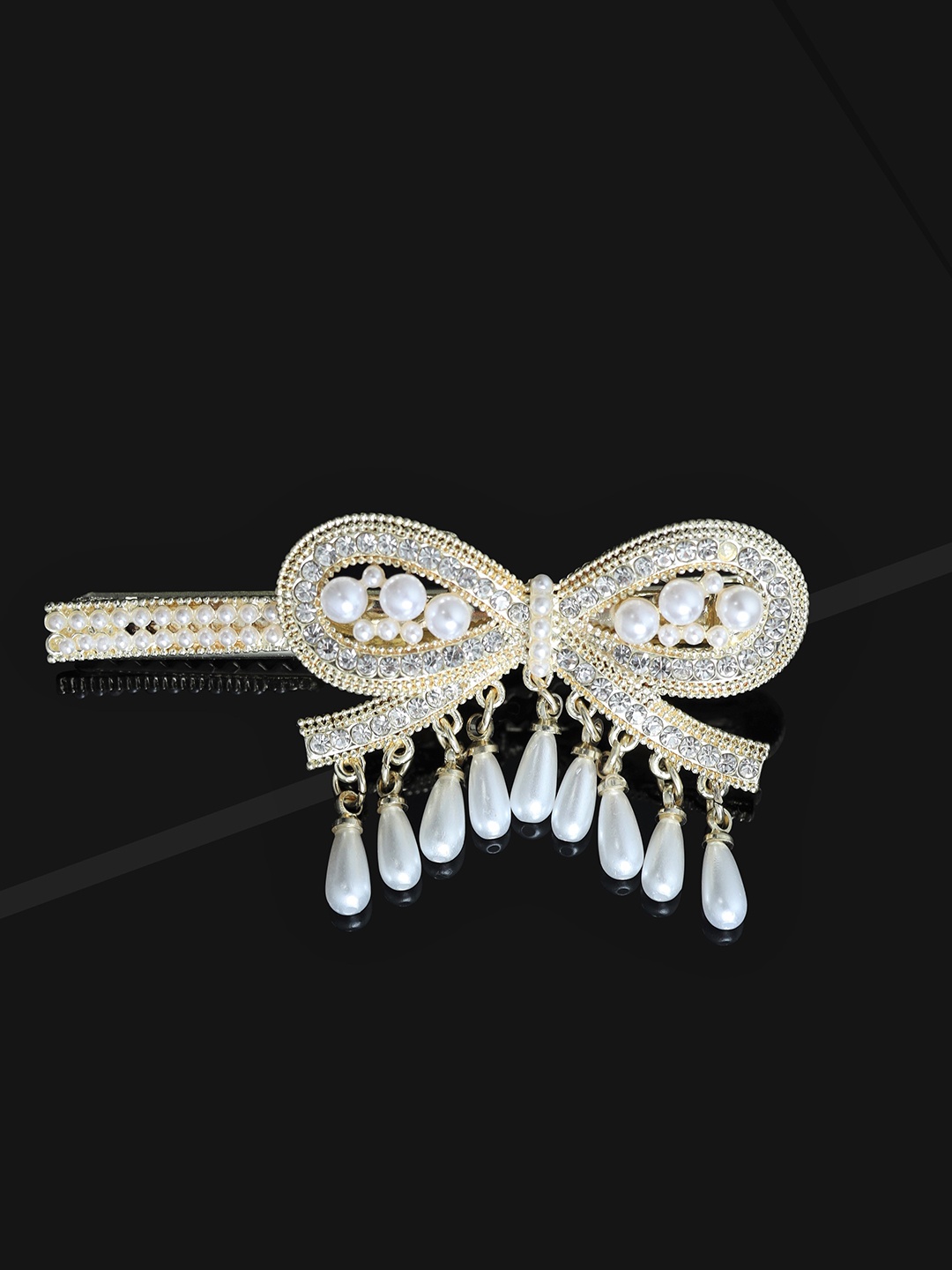 

LAIDA Women White & Gold-Toned Embellished Bow Shaped Pearl Hanging Alligator Hair Clip