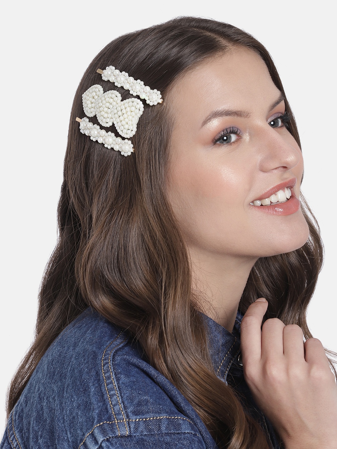 

LAIDA Women White & Gold-Toned Embellished Tic Tac Hair Clip