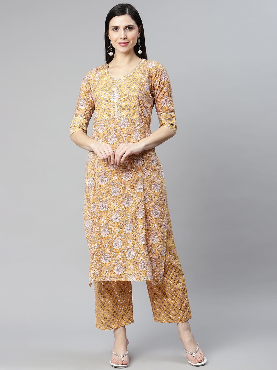 

SILVER STOCK Mustard Yellow Floral Printed Pure Cotton Kurta with Palazzos