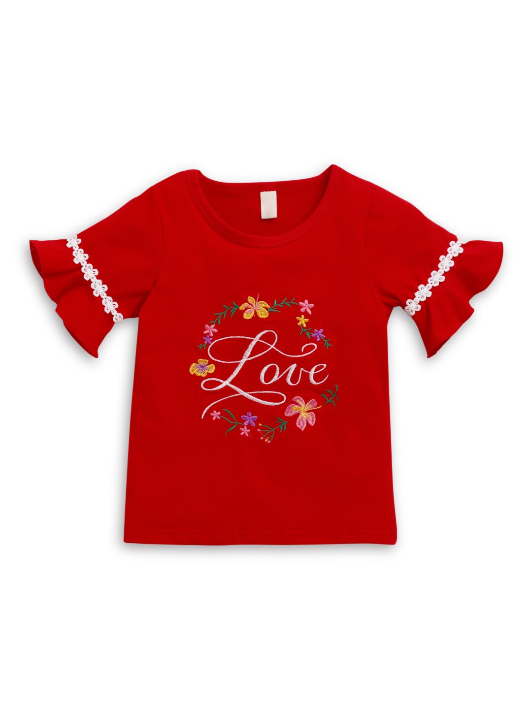 

Hopscotch Girls Red & Multicoloured Typography Printed T-shirt