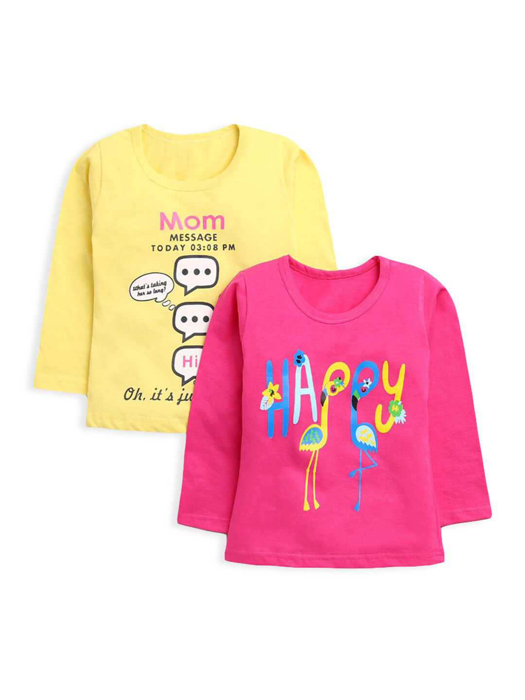 

Hopscotch Pack of 2 Girls Pink & Yellow Printed Pure Cotton T-shirts