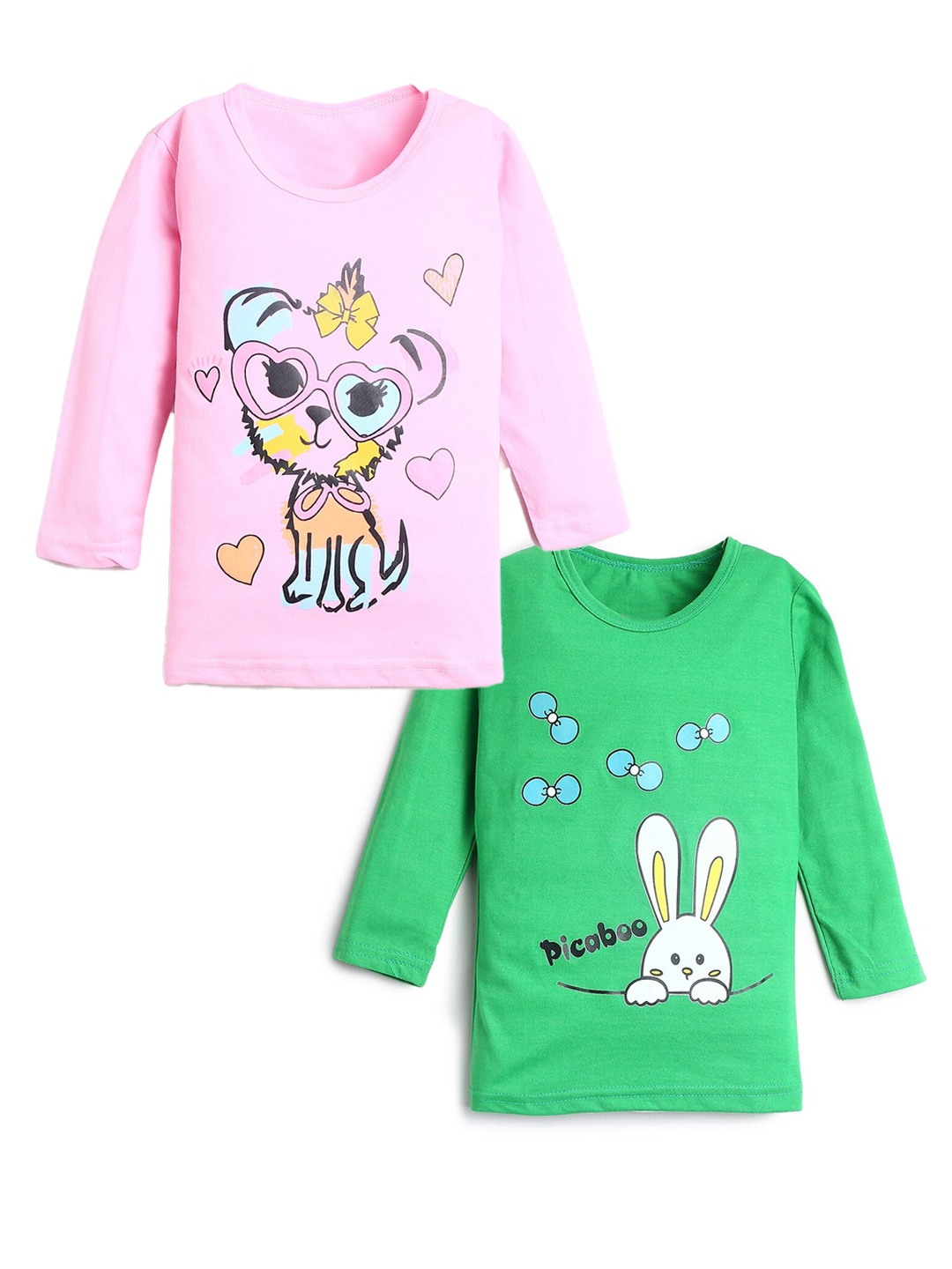 

Hopscotch Pack of 2 Girls Pink & Green Printed Cotton T-shirts