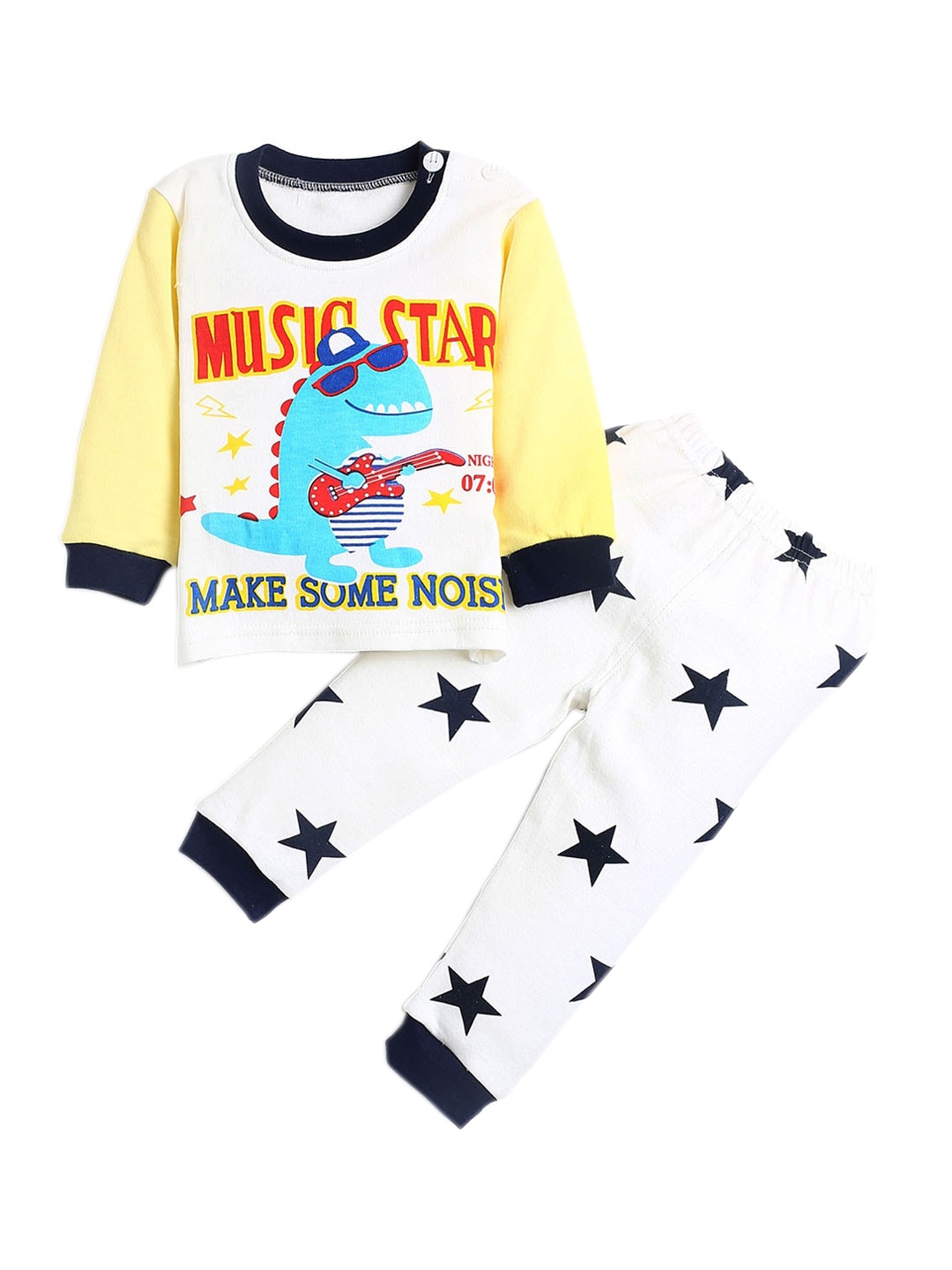 

Hopscotch Kids White & Yellow Printed Pure Cotton Night suit