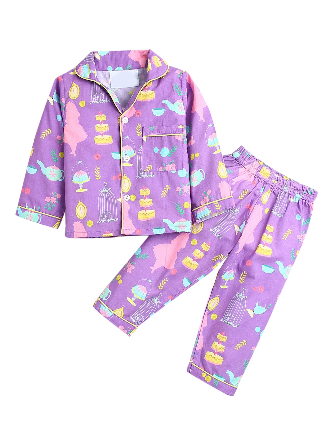 

Hopscotch Girls Purple & Yellow Printed Pure Cotton Night suit
