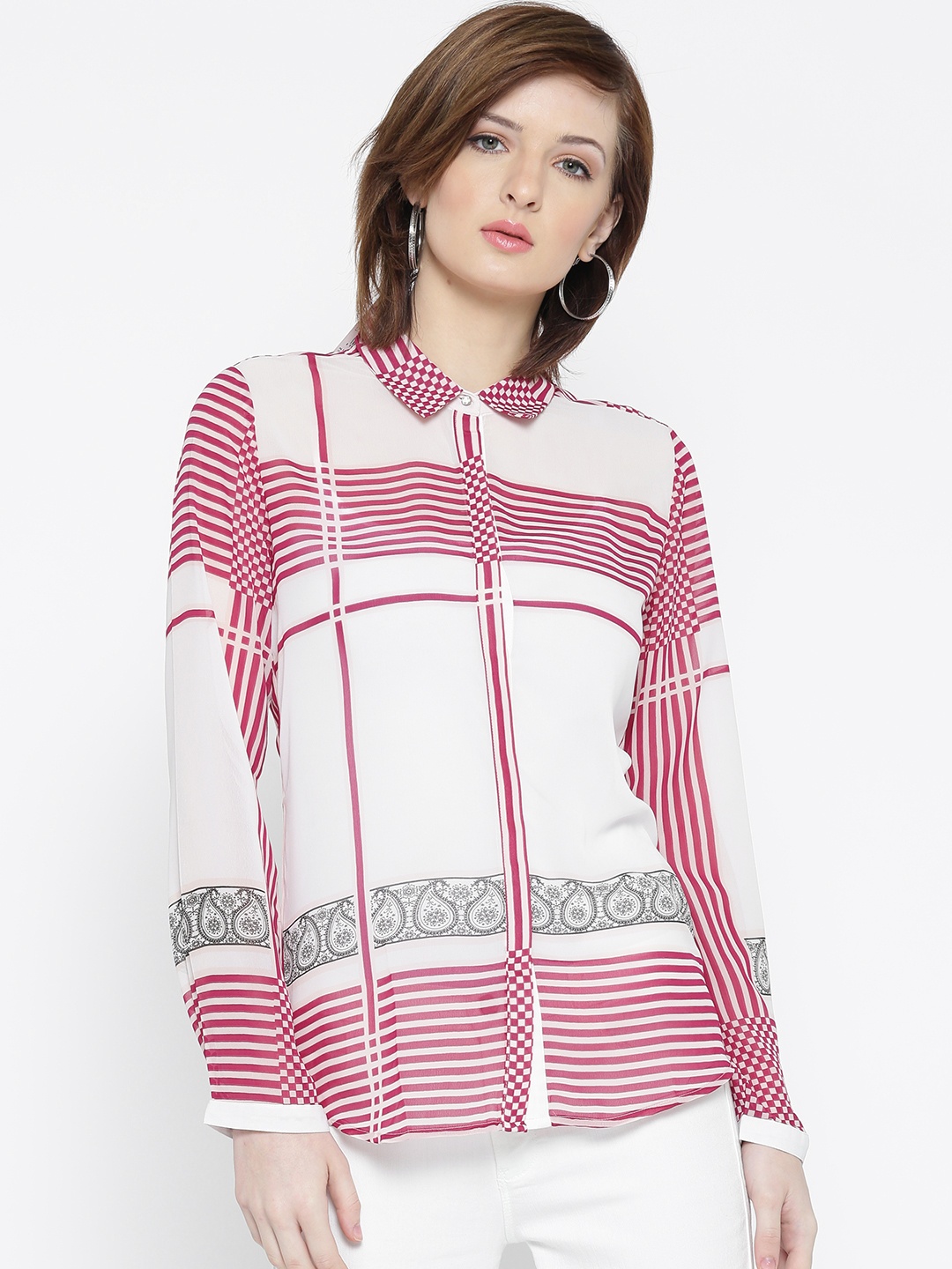 

Madame Women Off-White & Magenta Tailored Fit Striped Casual Shirt