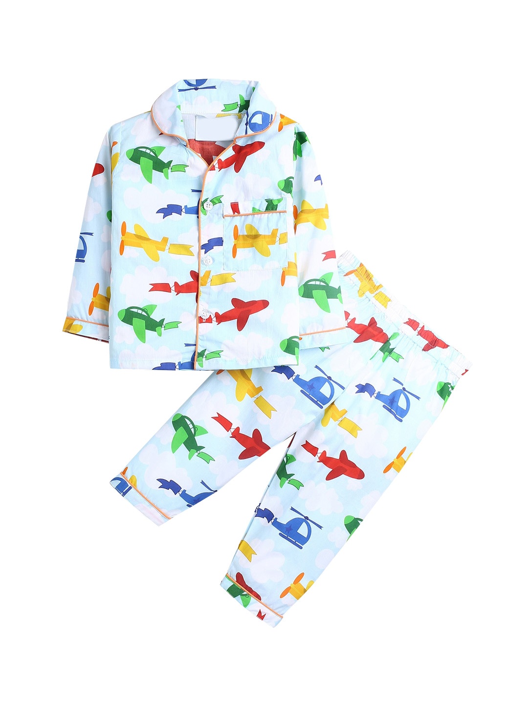 

Hopscotch Kids Blue & Rose Printed Cotton Night suit