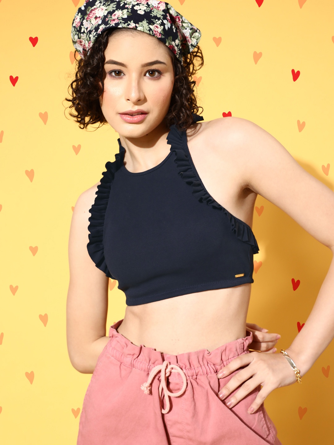 

Da Intimo Navy Blue Ruffles Details Halter Neck Crop Top Bralette