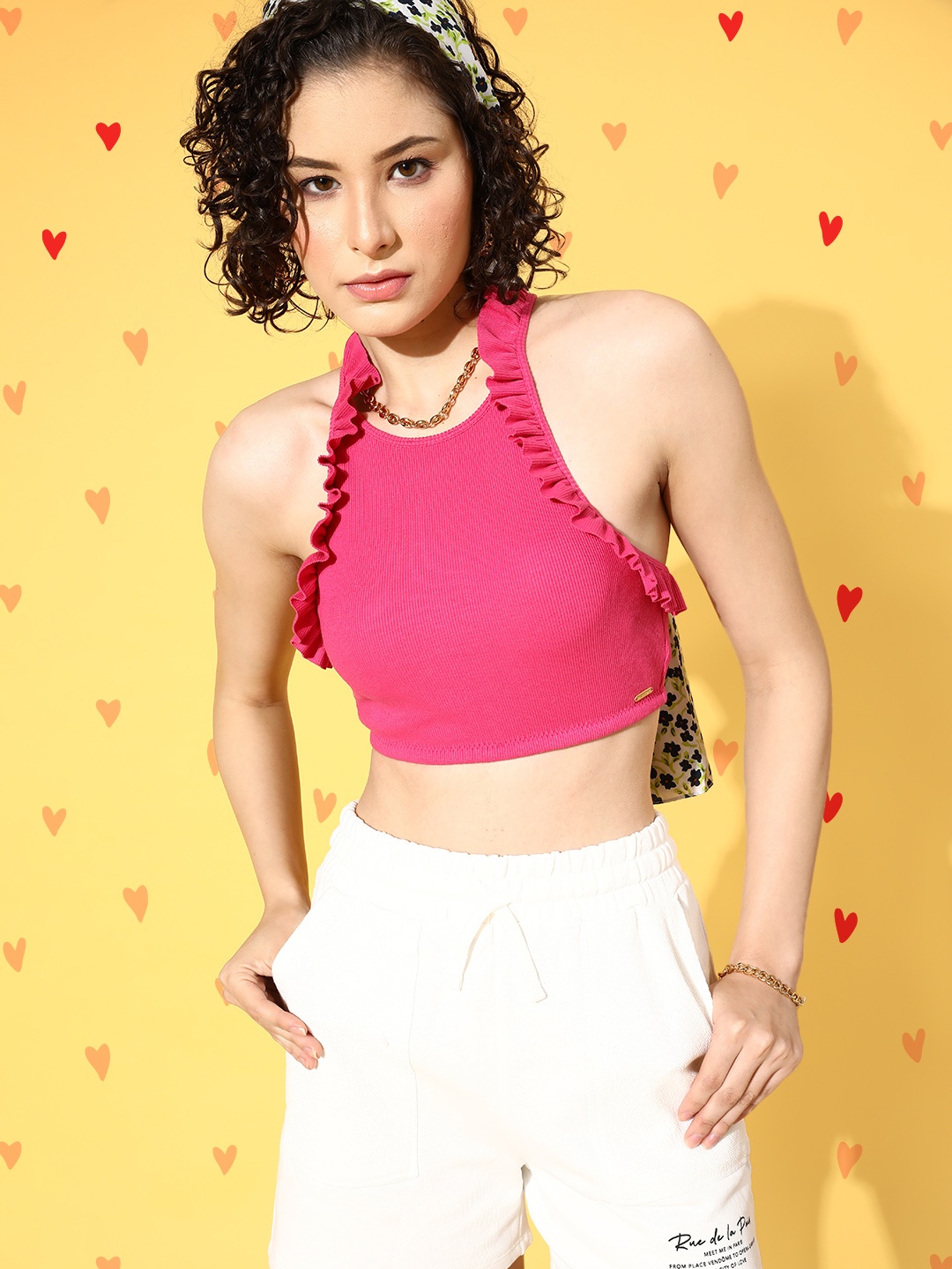 

Da Intimo Pink Solid Fashion Ruffles Details Halter Neck Crop Bralette Top