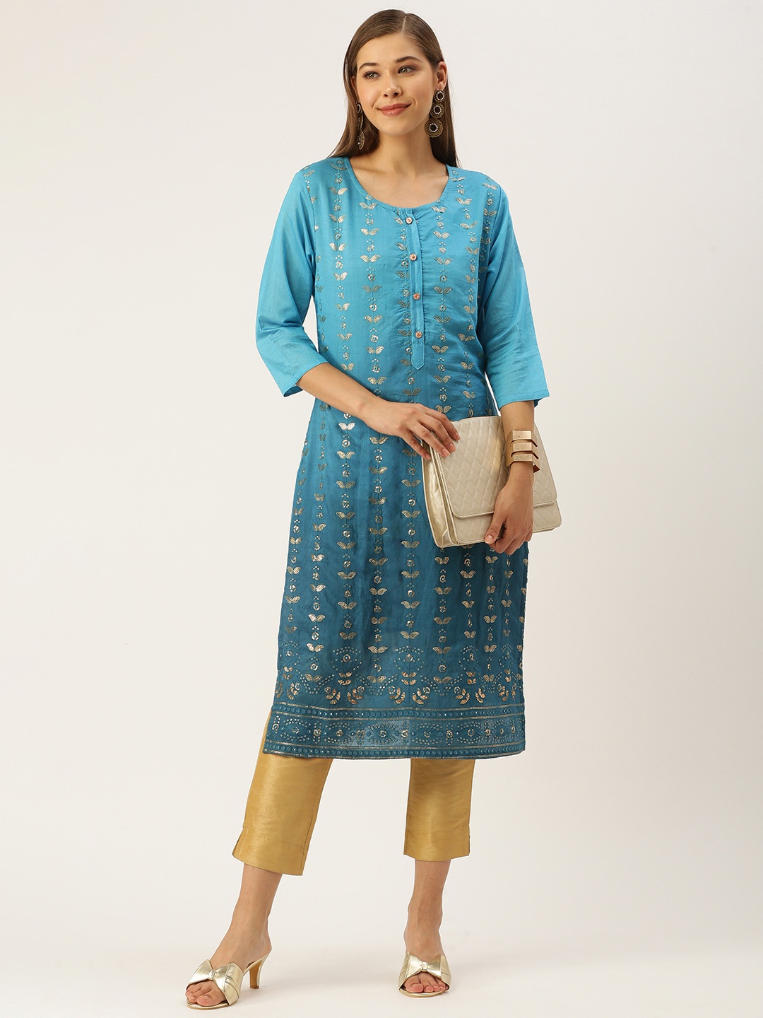 

SWAGG INDIA Women Blue & Golden Ethnic Motifs Embroidered Chanderi Silk Kurta