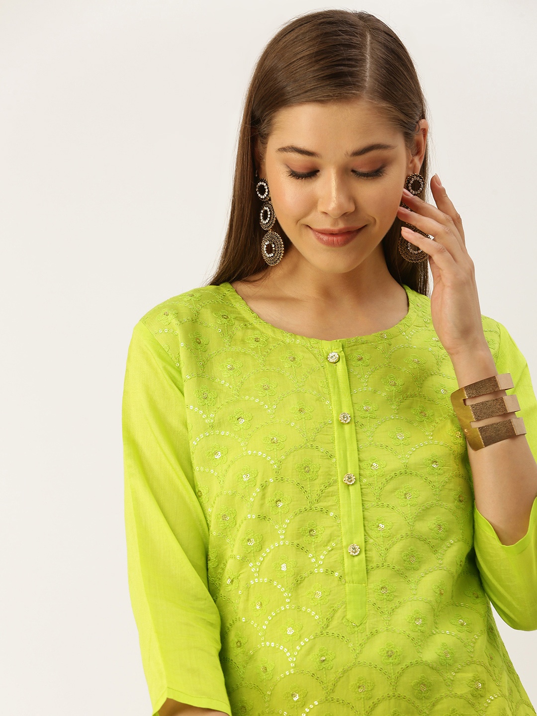 

SWAGG INDIA Women Green Ethnic Motifs Embroidered Chanderi Silk Kurta