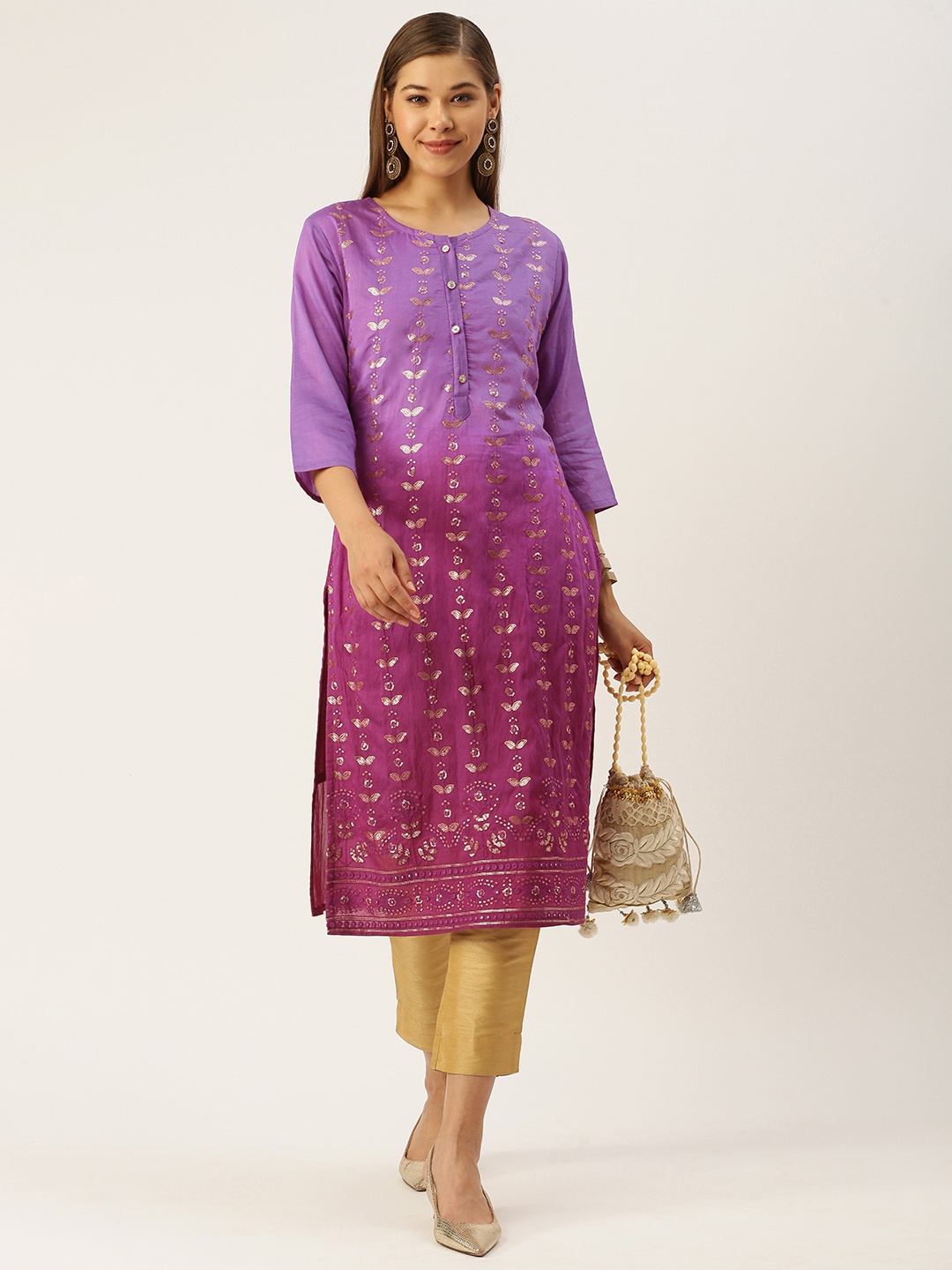 

SWAGG INDIA Women Purple & Golden Ethnic Motifs Embroidered Chanderi Silk Kurta
