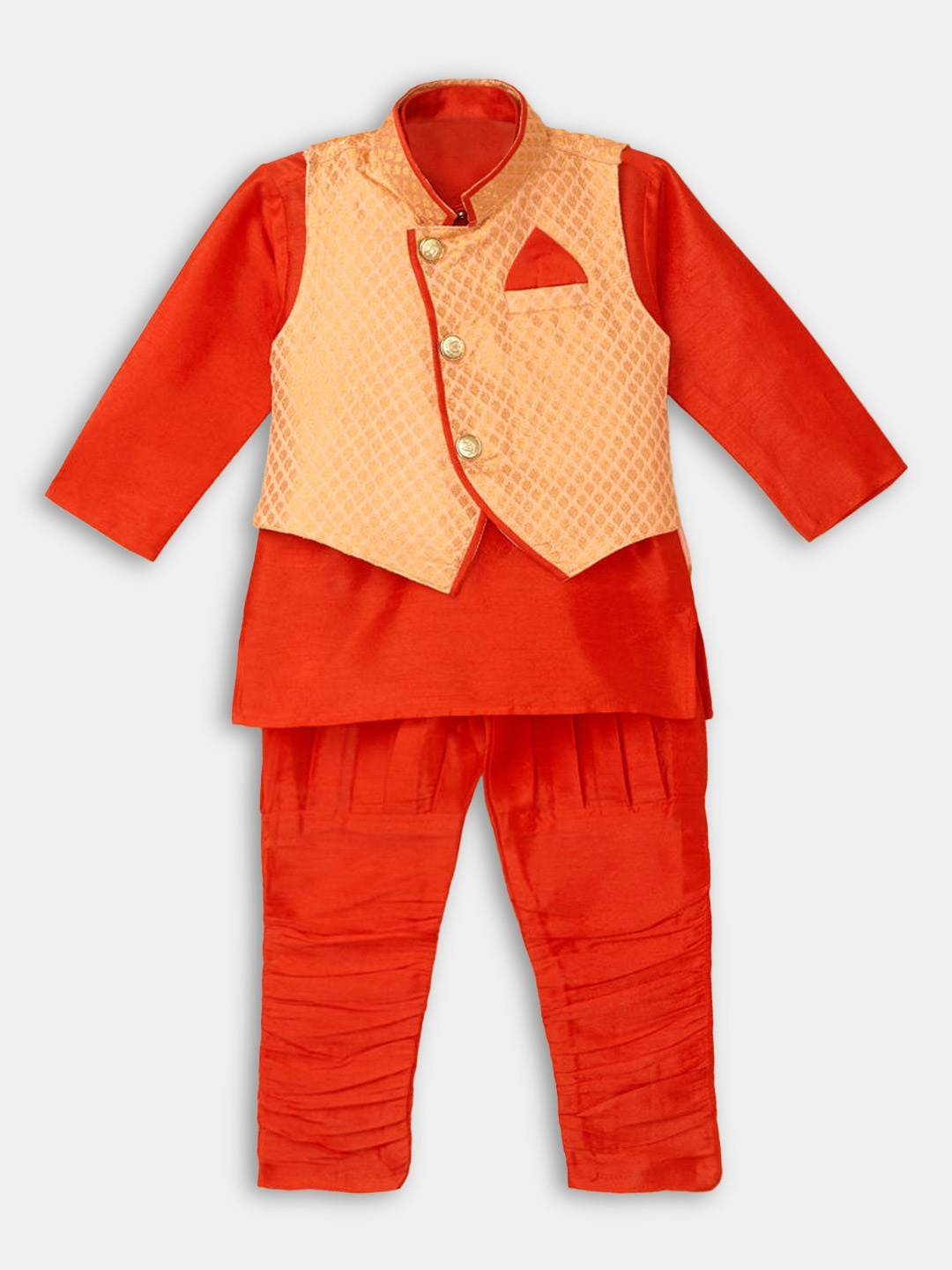 

Hopscotch Boys Orange Solid Pure Silk Kurta Set With Jacket