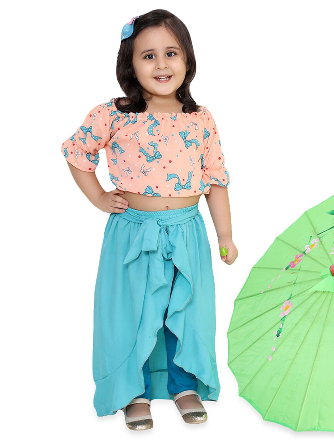 

Hopscotch Girls Peach-Coloured & Blue Pure Cotton Printed Top with Skirt