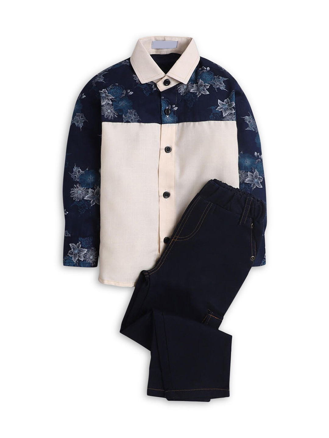 

Hopscotch Boys Beige & Navy Blue Printed Pure Cotton Shirt with Trousers