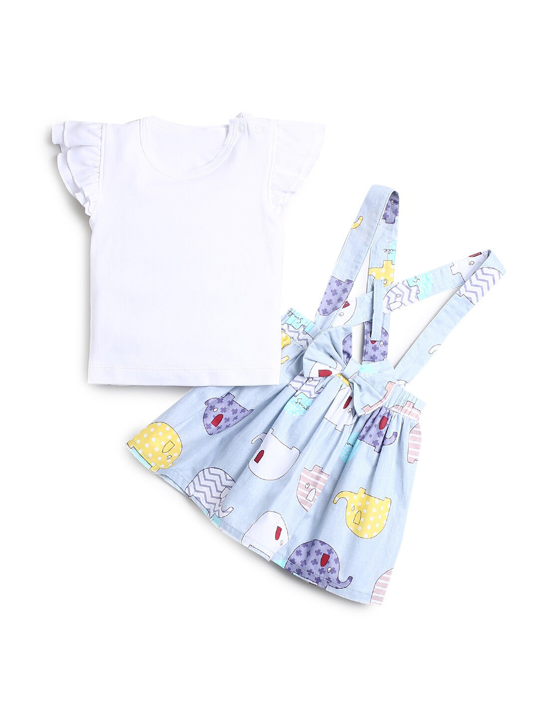 

Hopscotch Girls White & Blue Cotton T-shirt with Skirt