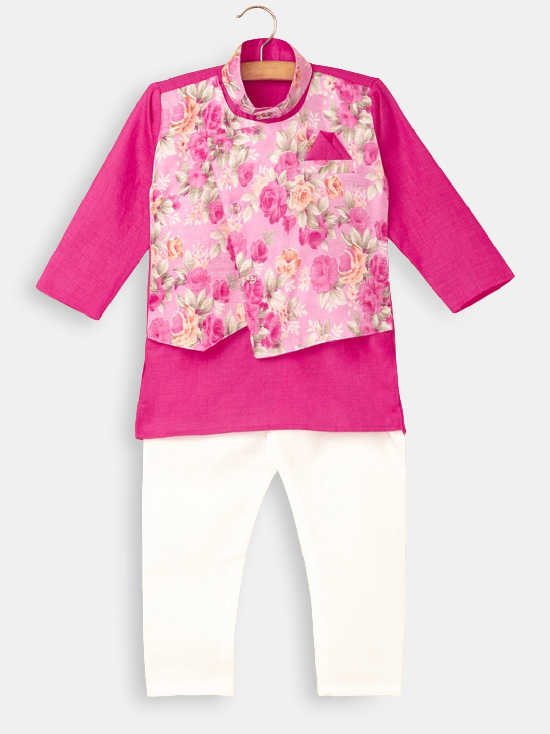 

Hopscotch Boys Pink Floral Printed Pure Cotton Kurta with Pyjamas