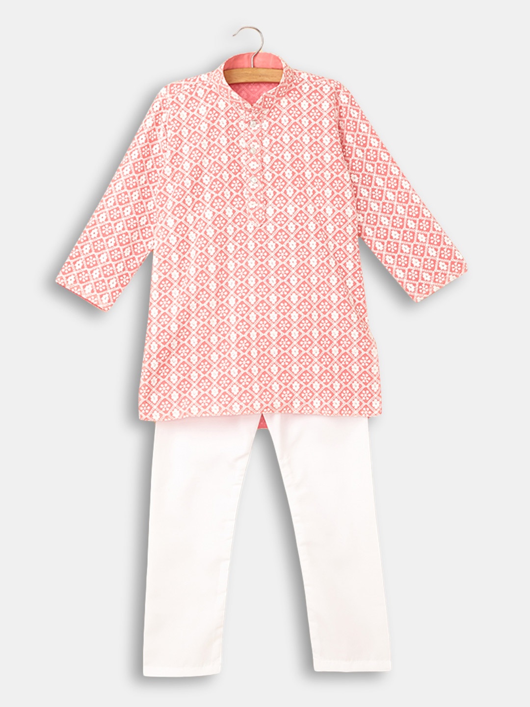 

Hopscotch Boys Red Ethnic Motifs Embroidered Pure Cotton Kurta with Pyjamas