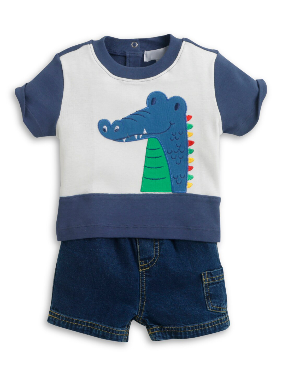 

Hopscotch Boys Navy Blue & White Printed Cotton T-shirt with Shorts