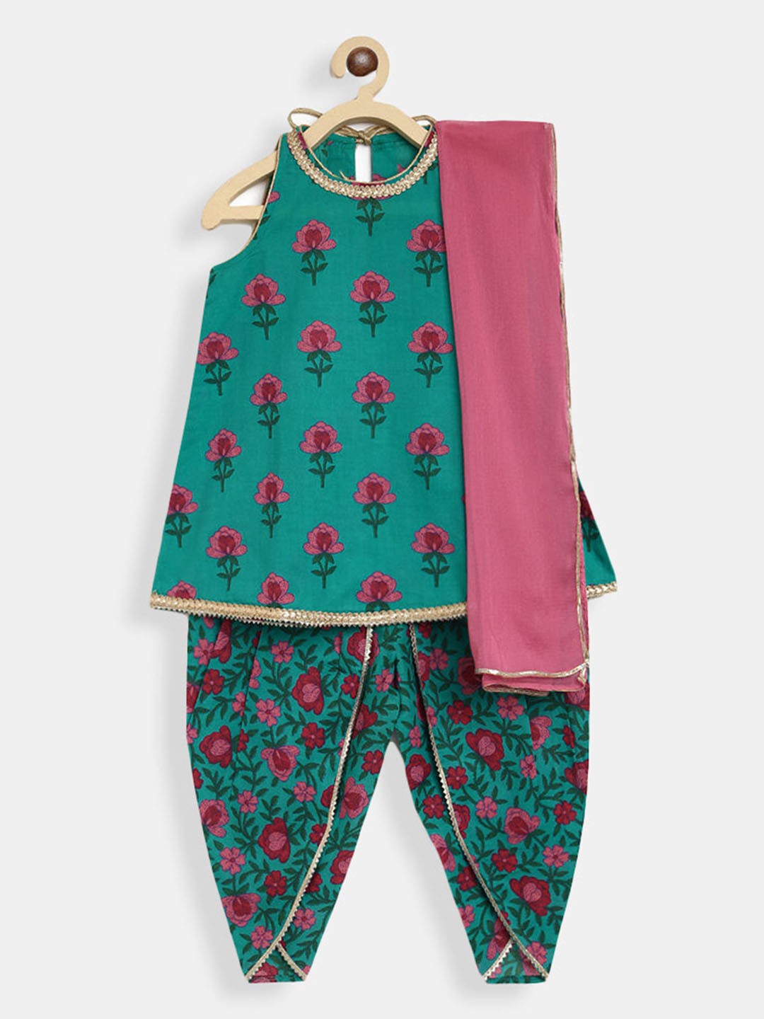 

Hopscotch Girls Blue & Pink Printed Pure Cotton Kurta with Dhoti Pants & With Dupatta