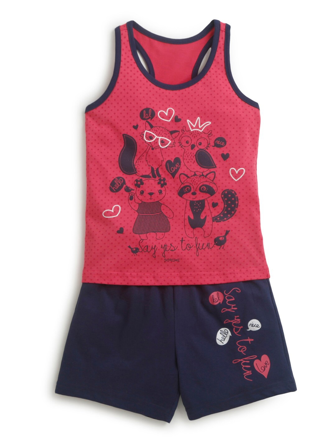 

Hopscotch Girls Pink & Navy Blue Printed Pure Cotton T-shirt with Shorts