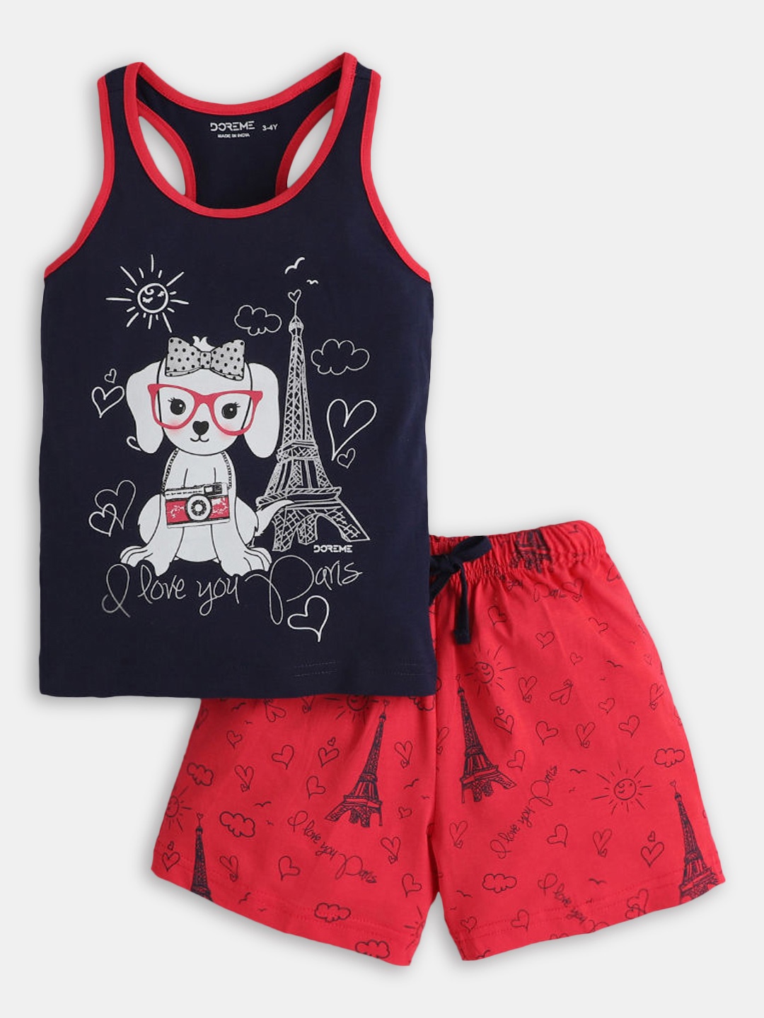 

Hopscotch Girls Navy Blue & Red Printed Pure Cotton T-shirt with Shorts