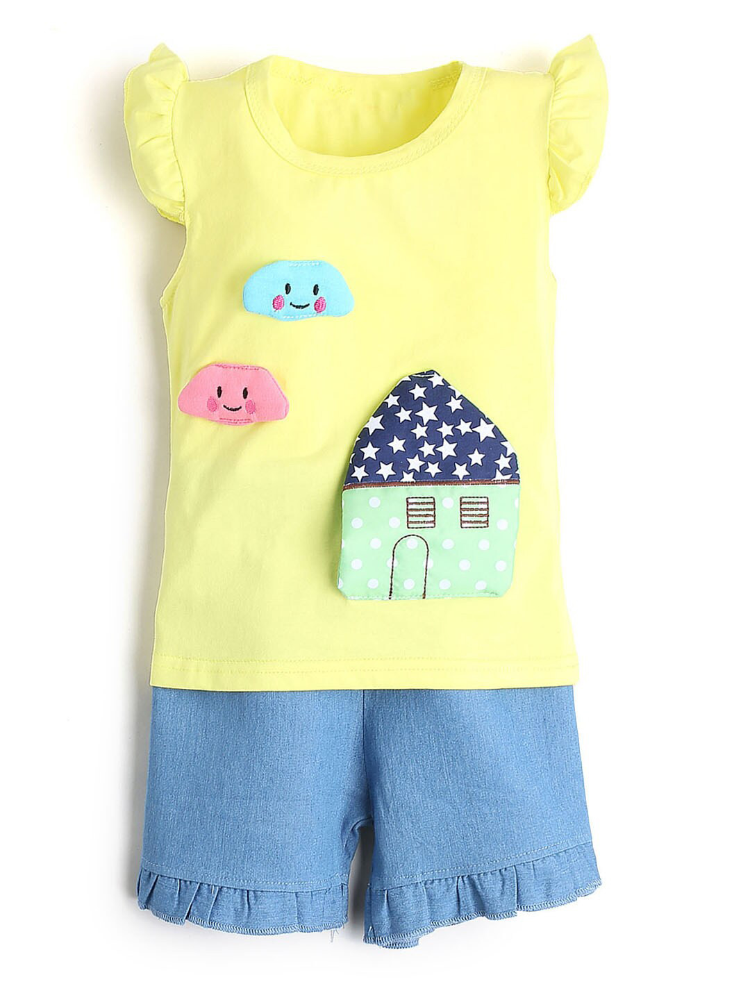 

Hopscotch Girls Yellow & Blue Printed T-shirt with Shorts
