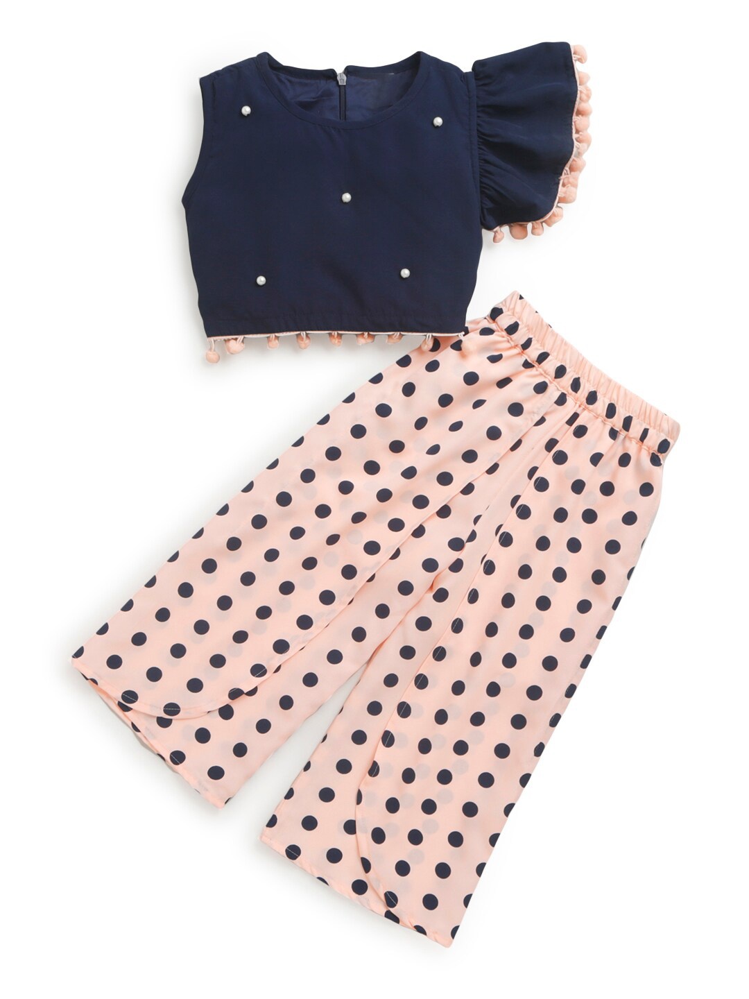 

Hopscotch Girls Navy Blue & Peach Printed Cotton Clothing Set