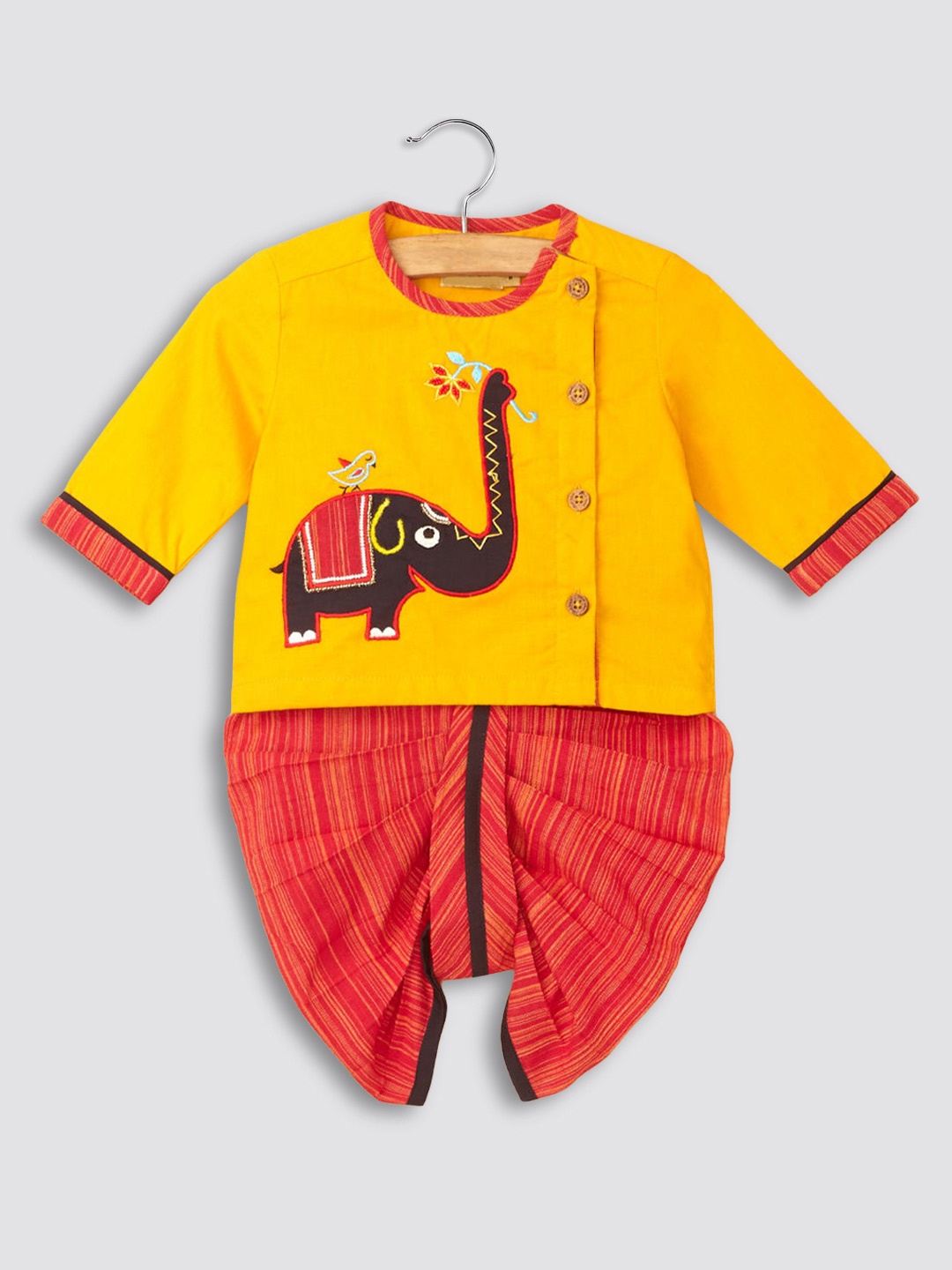 

Hopscotch Boys Yellow Ethnic Motifs Embroidered Kurta with Dhoti Pants
