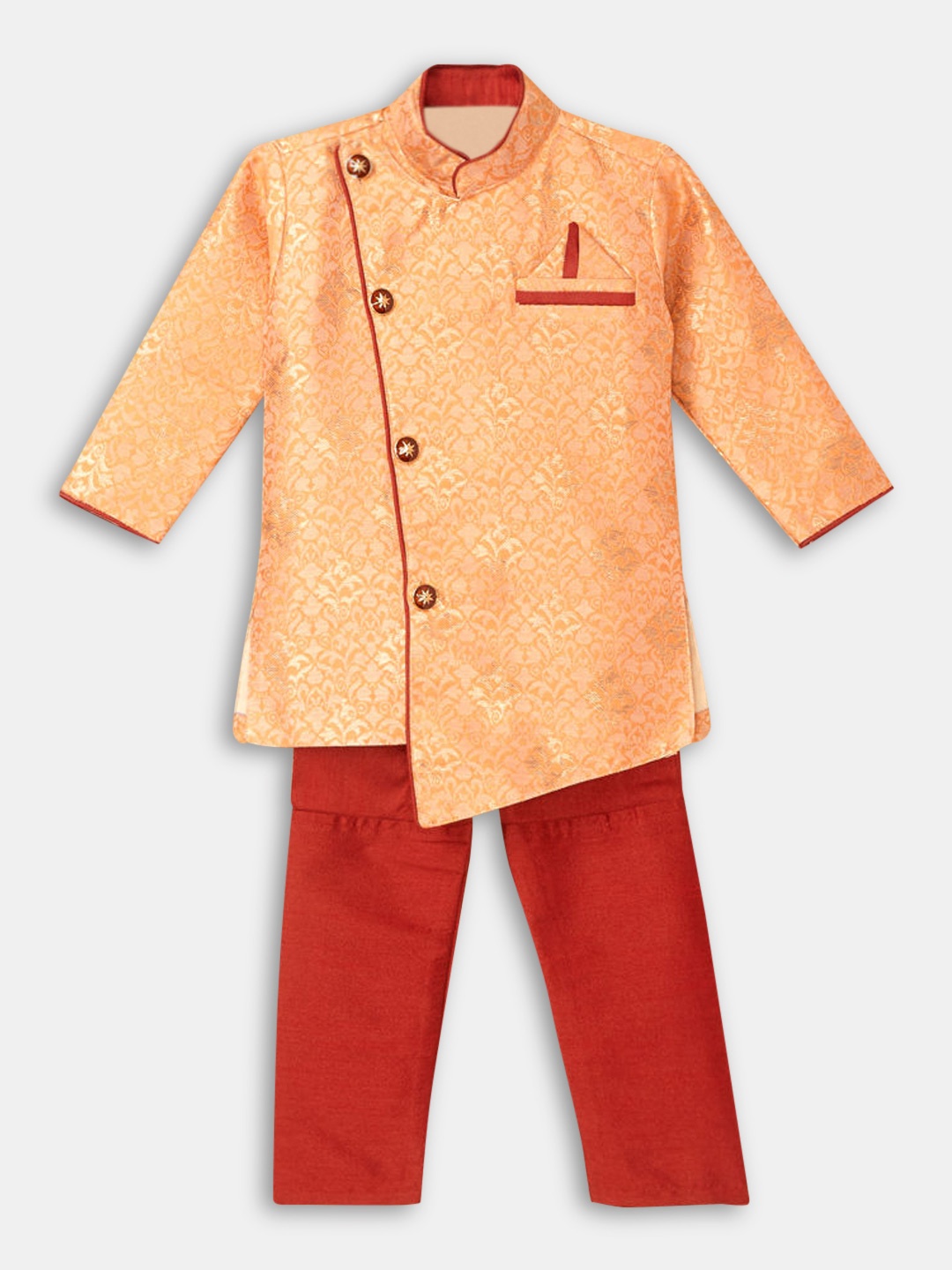 

Hopscotch Boys Orange Ethnic Motifs Printed Pure Silk Kurta with Pyjamas