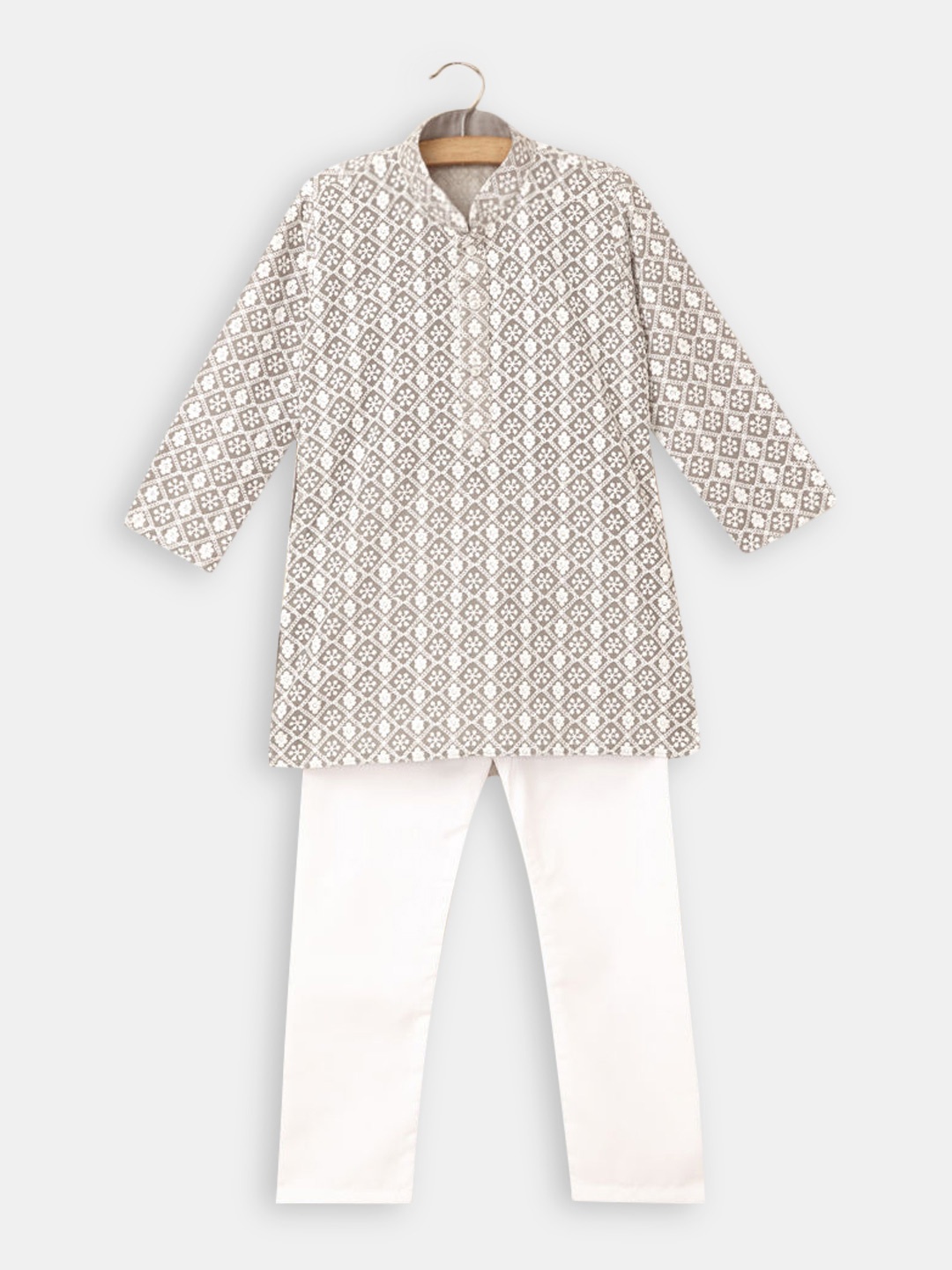 

Hopscotch Boys Grey & White Printed Pure Cotton Kurta with Pyjamas