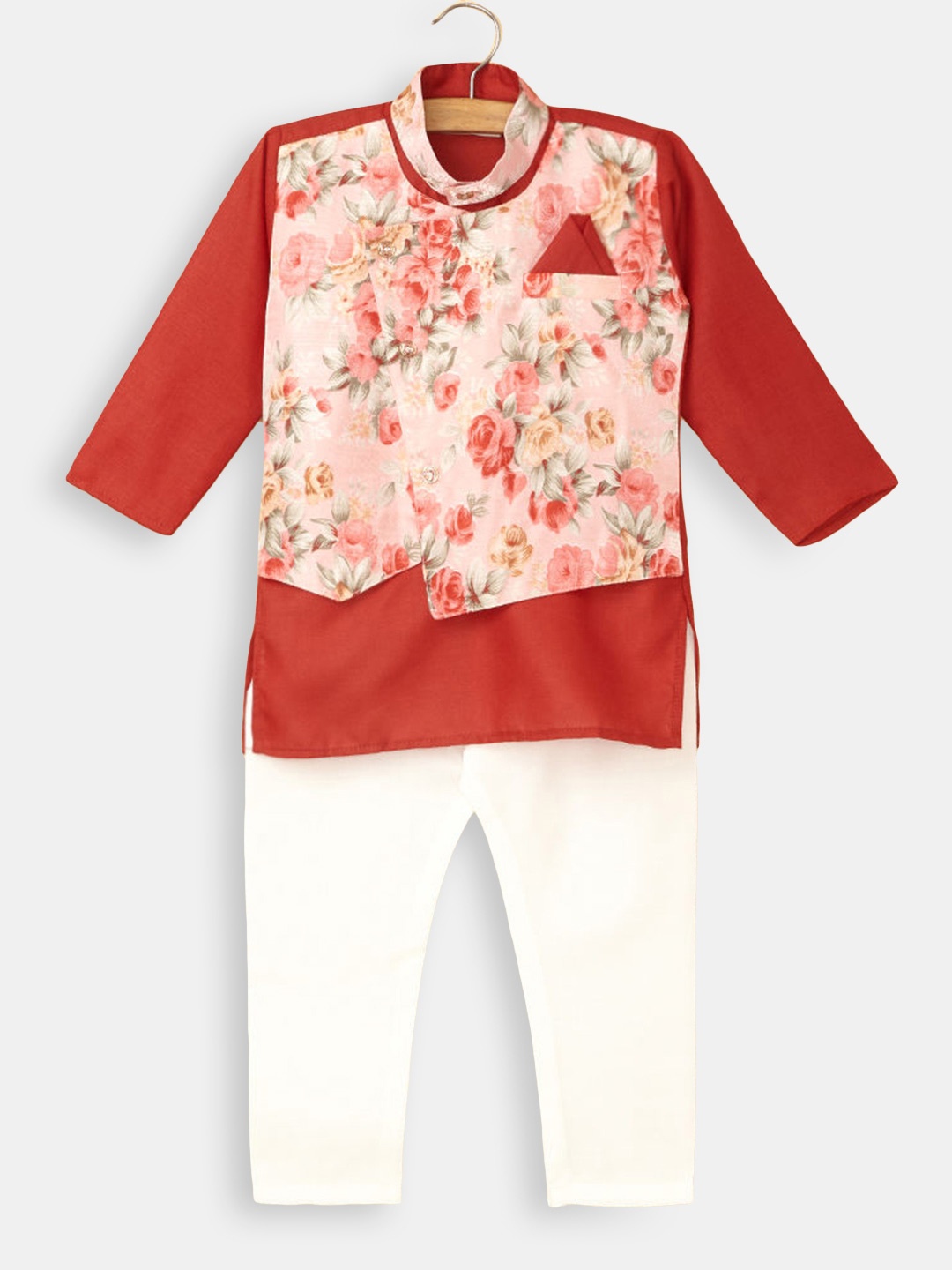 

Hopscotch Boys Red Floral Printed Layered Pure Cotton Kurti with Pyjamas