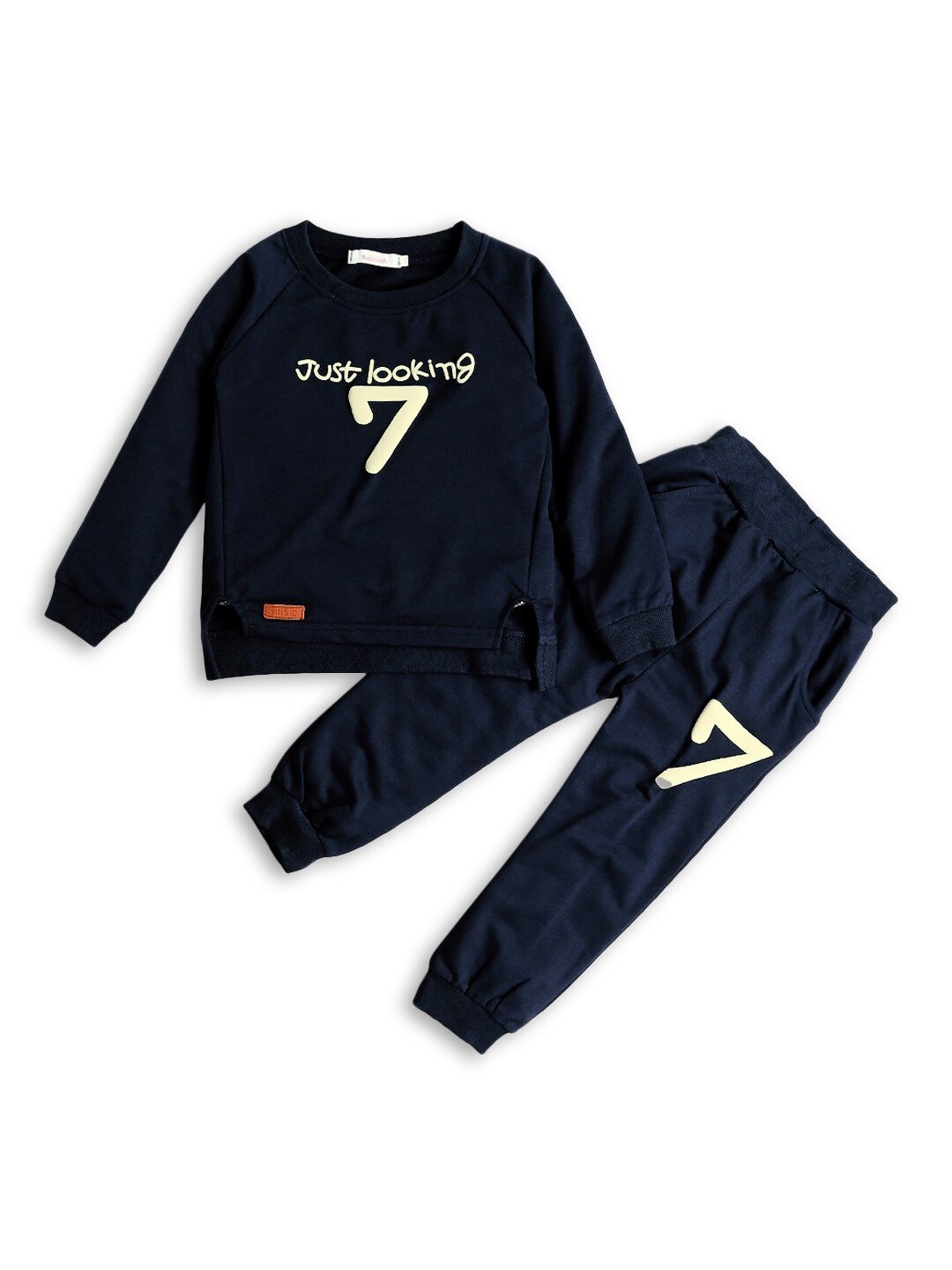 

Hopscotch Boys Navy Blue Printed Pure Cotton T-shirt with Trousers