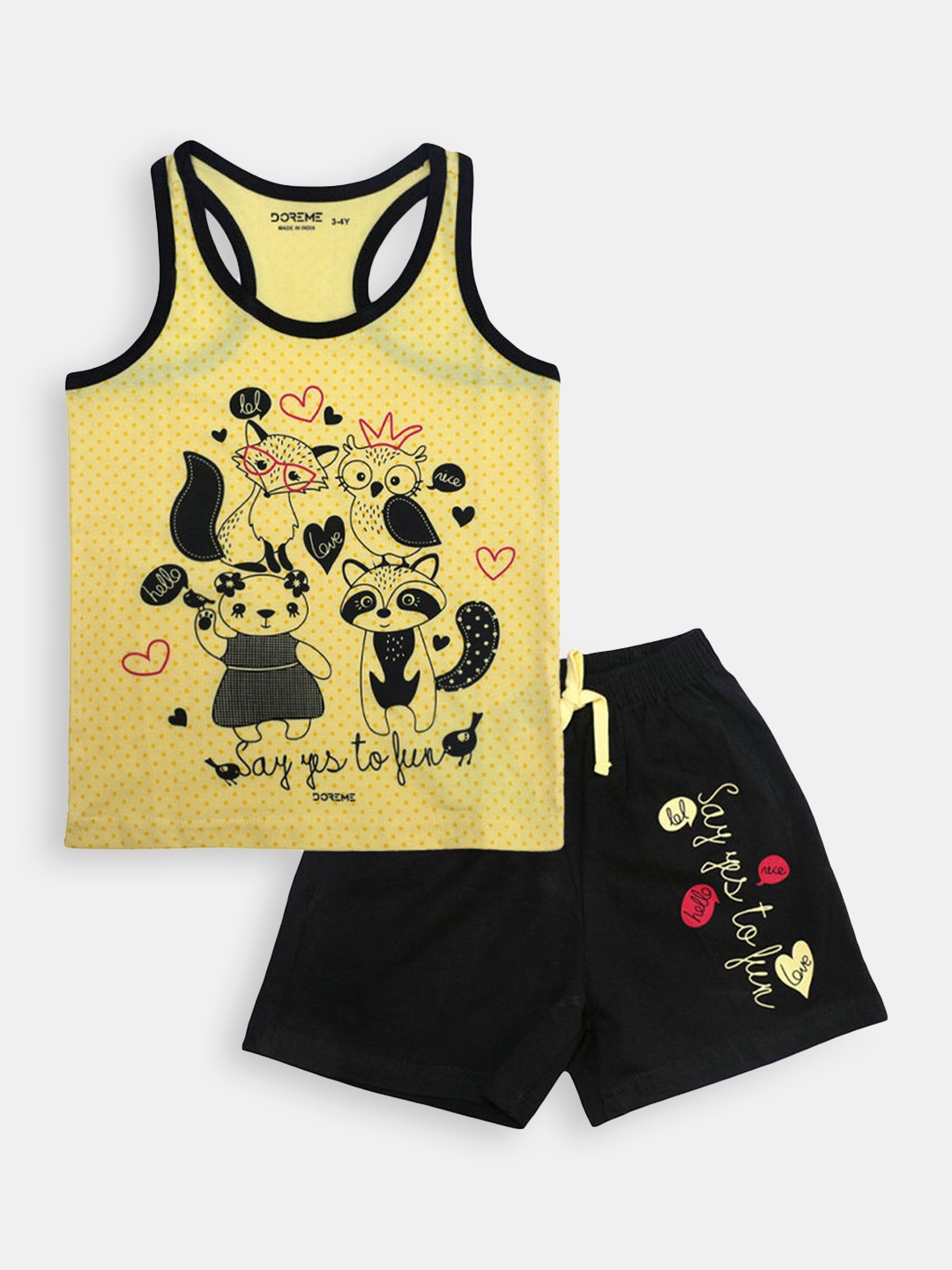

Hopscotch Girls Yellow & Black Printed Cotton T-shirt with Shorts
