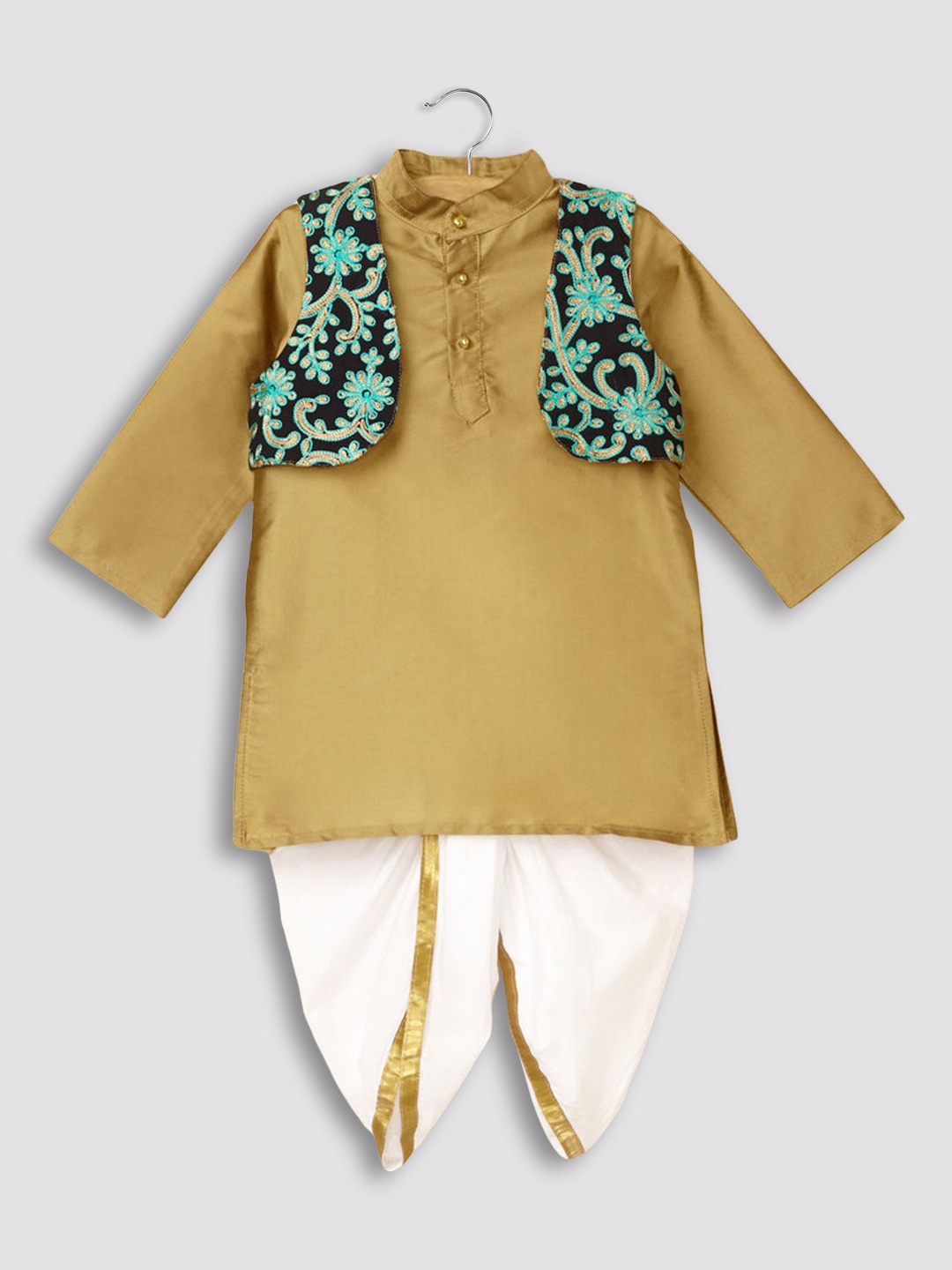 

Hopscotch Boys Gold-Toned Kurta with Dhoti Pants & Jacket