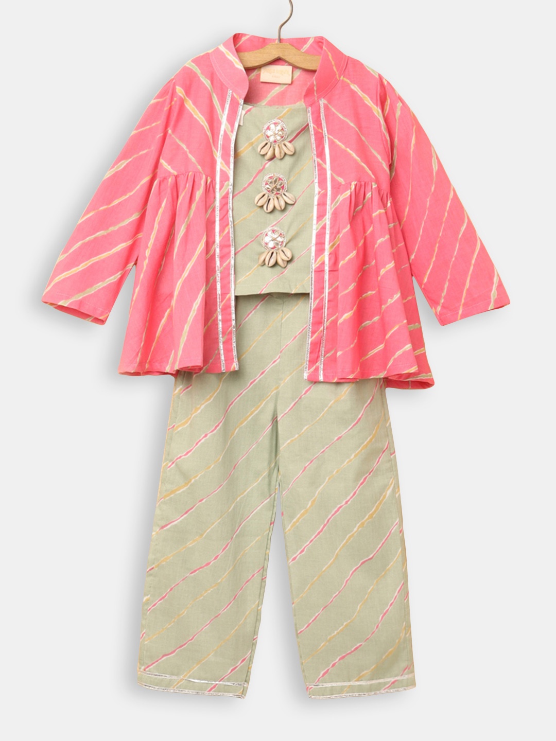 

Hopscotch Girls Green Leheriya Striped Pure Cotton Top & Trousers With Jacket