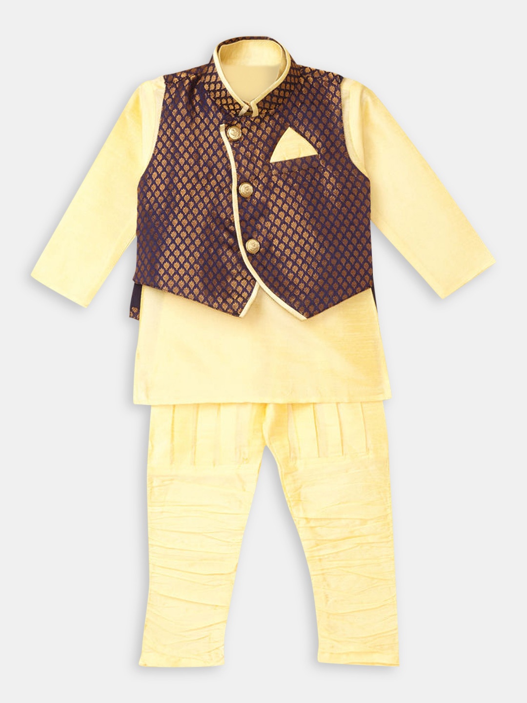 

Hopscotch Boys Navy Blue Pure Silk Kurta with Pyjamas with Nehru Jacket