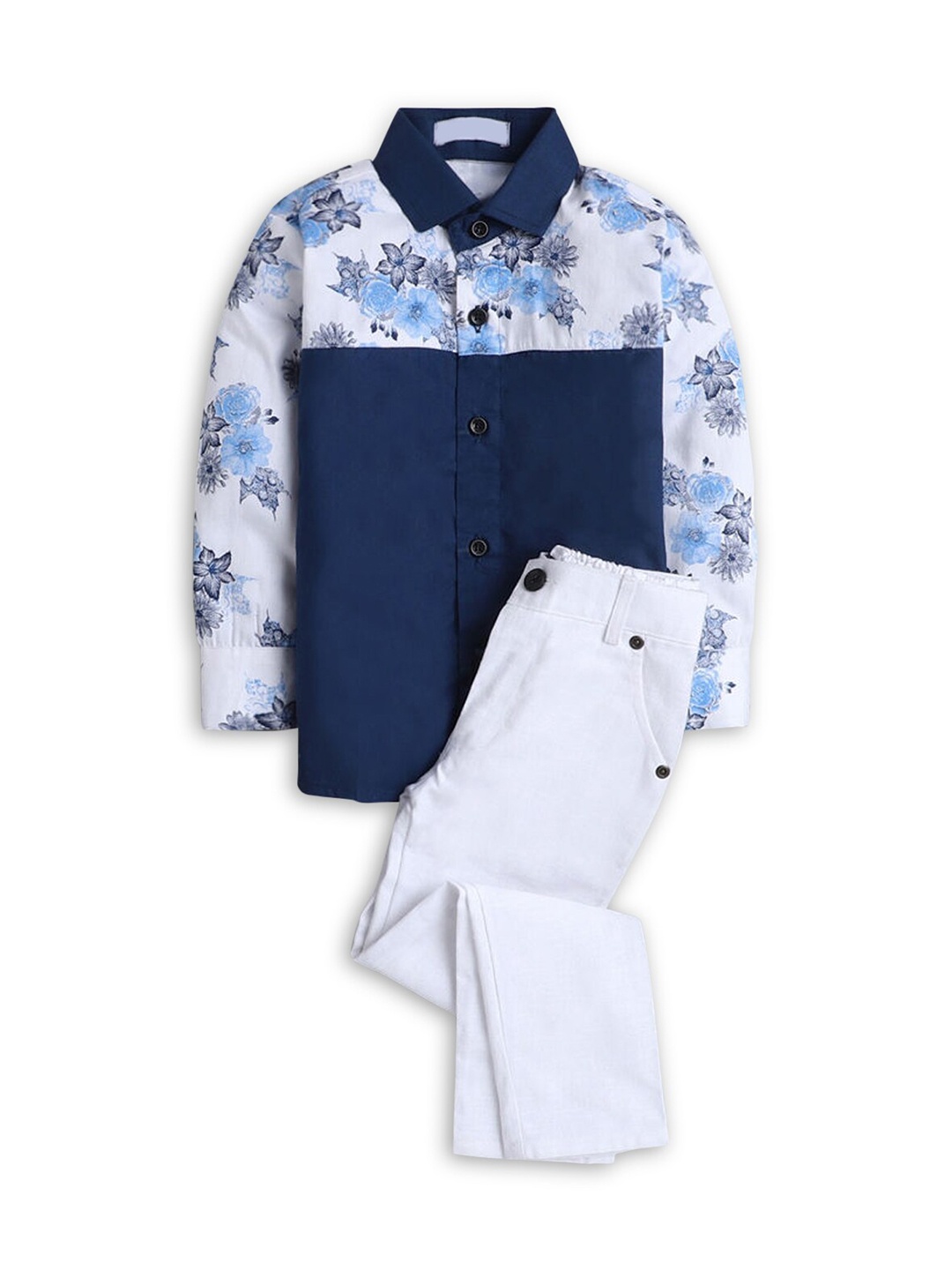 

Hopscotch Boys Blue & White Printed Pure Cotton Shirt with Trousers