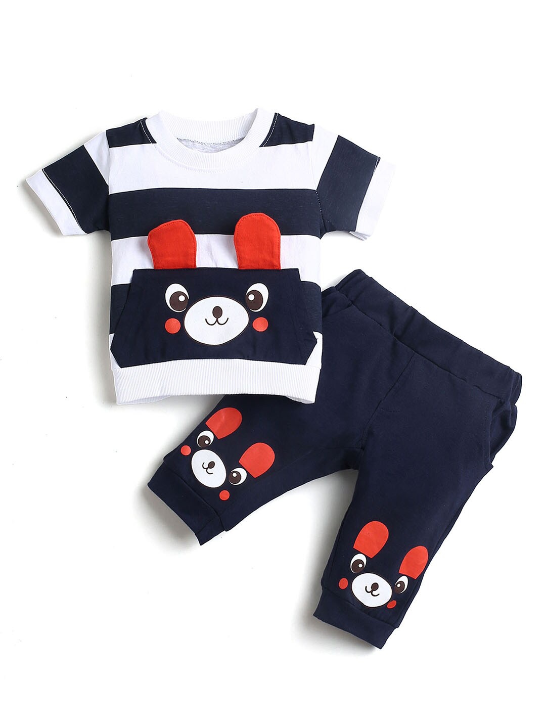 

Hopscotch Boys Navy Blue Printed Pure Cotton T-shirt with Trousers