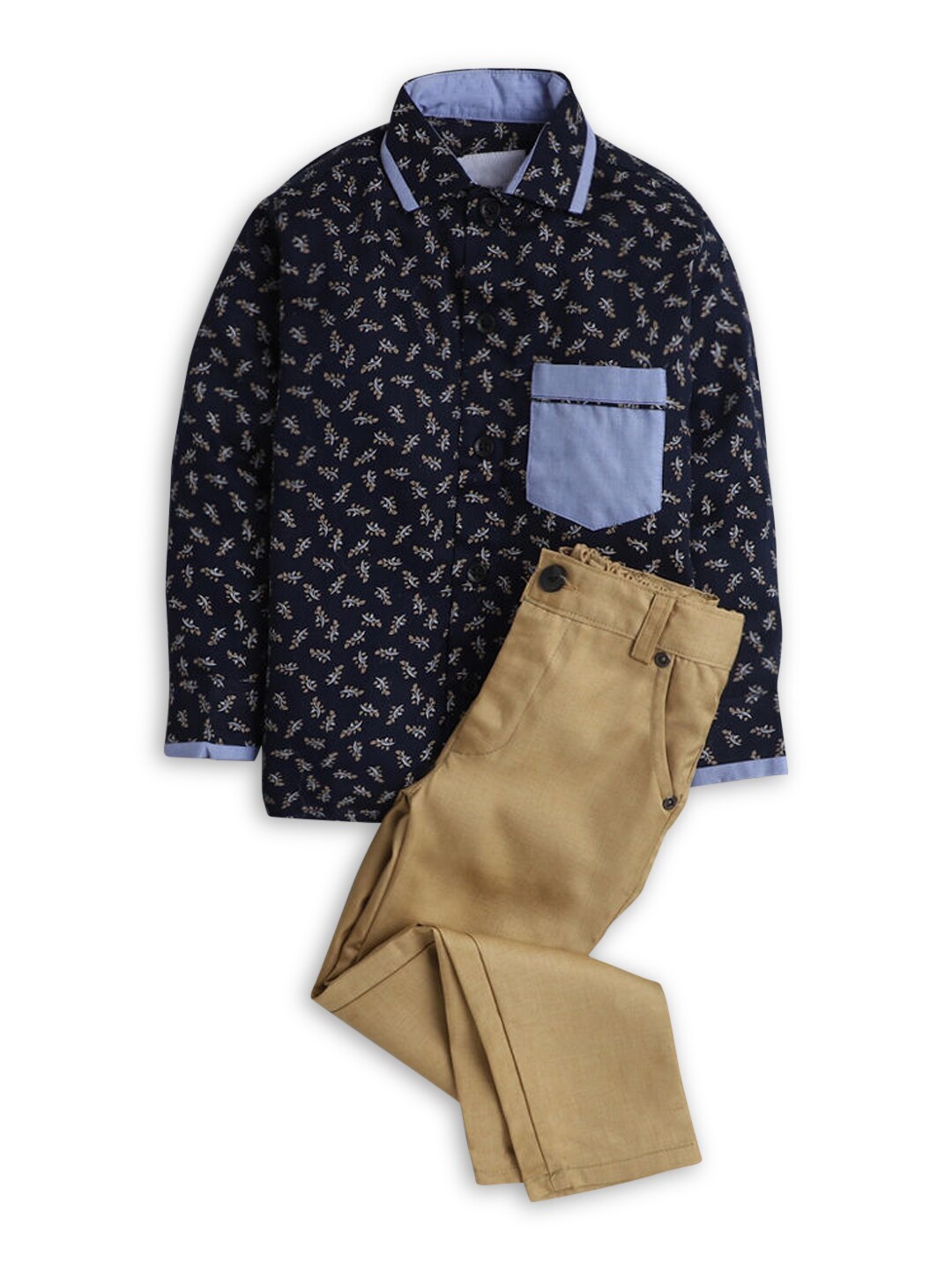 

Hopscotch Boys Blue & Khaki Printed Cotton Clothing Set
