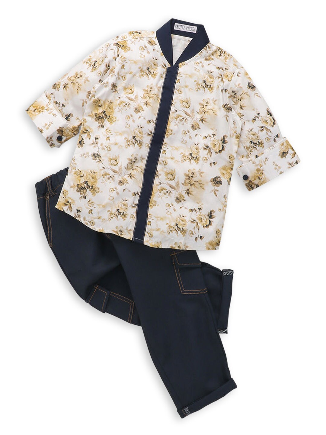 

Hopscotch Boys Blue & Beige Printed Pure Cotton Shirt with Trousers