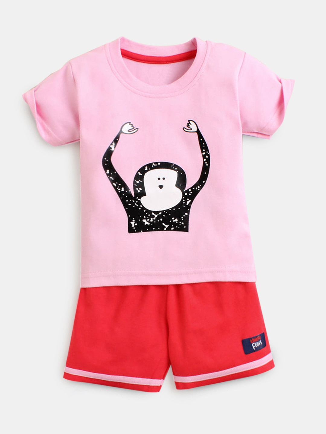 

Hopscotch Girls Pink & Red Printed Pure Cotton T-shirt with Shorts