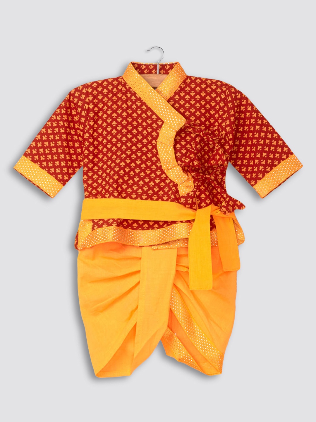 

Hopscotch Boys Red Ethnic Motifs Printed Angrakha Pure Cotton Kurta with Dhoti Pants