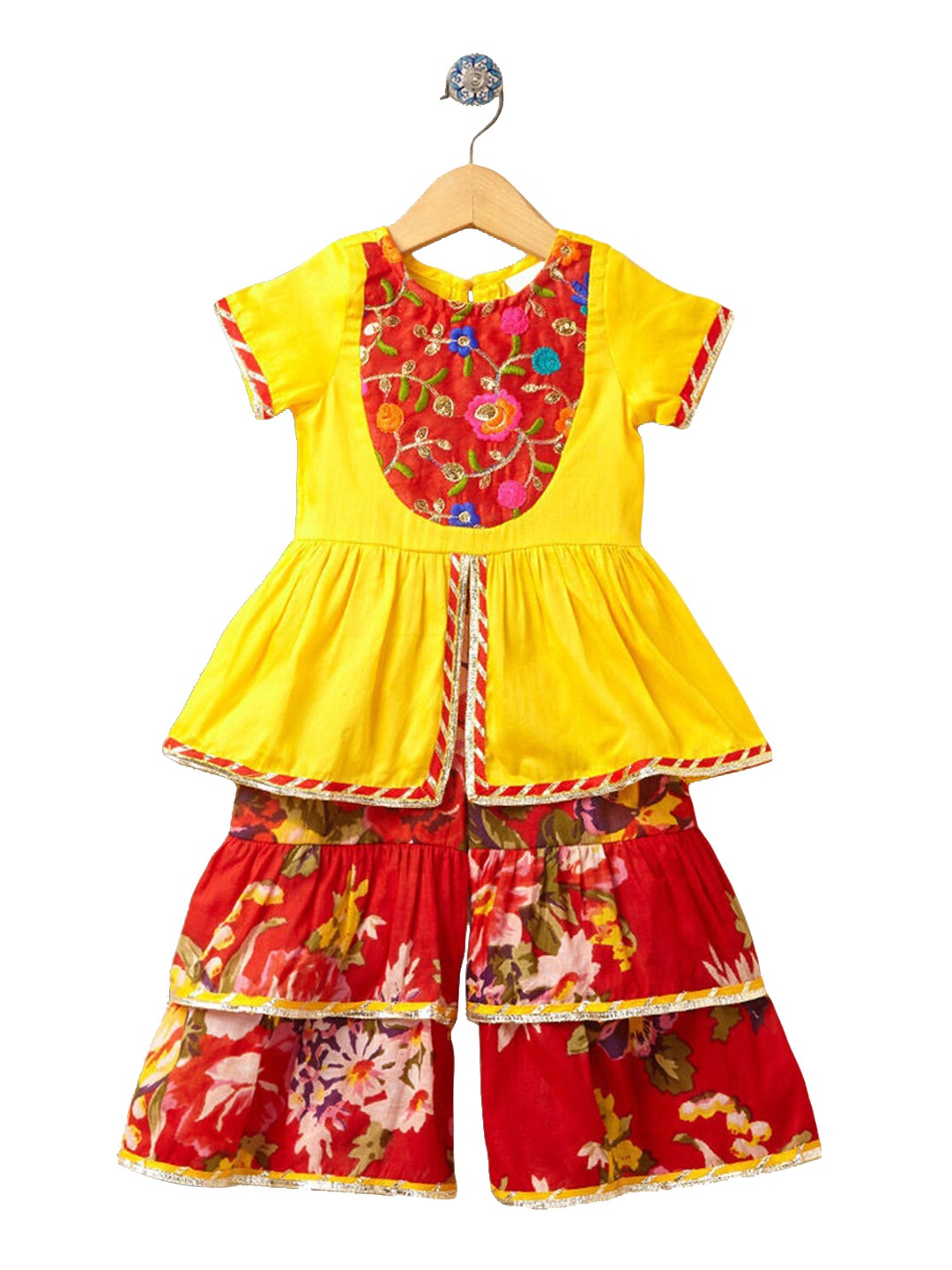 

Hopscotch Girls Yellow Floral Embroidered Empire Pure Cotton Kurta with Sharara