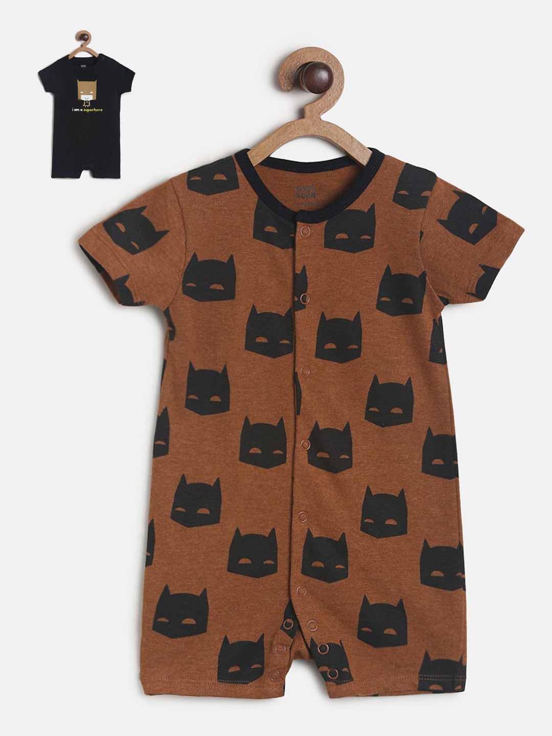 

MINI KLUB Infant Boys Black & Brown Pack Of 2 Printed Pure Cotton Rompers