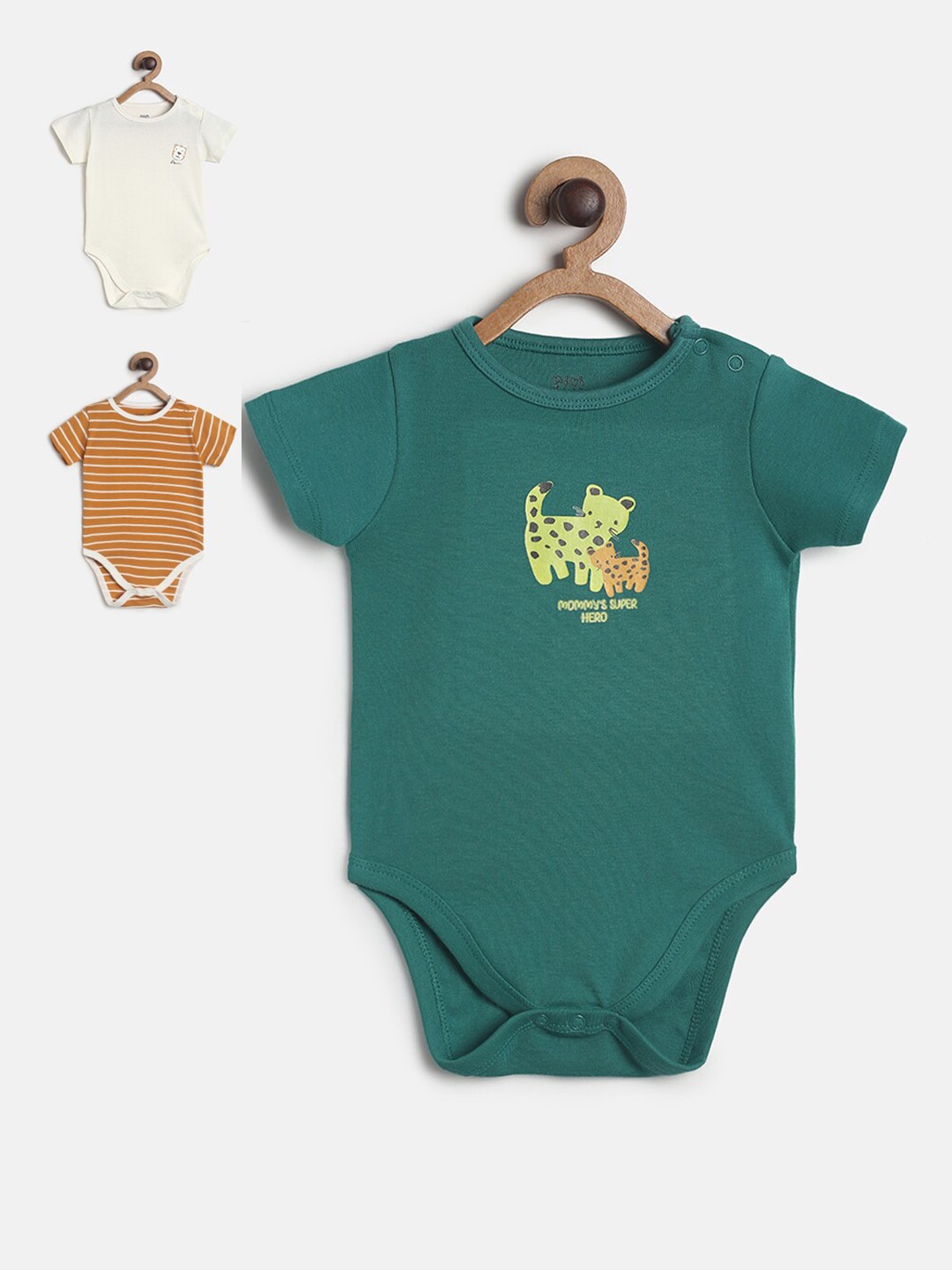 

MINI KLUB Infant Boys Pack Of 3 Pure Cotton Bodysuits, Green