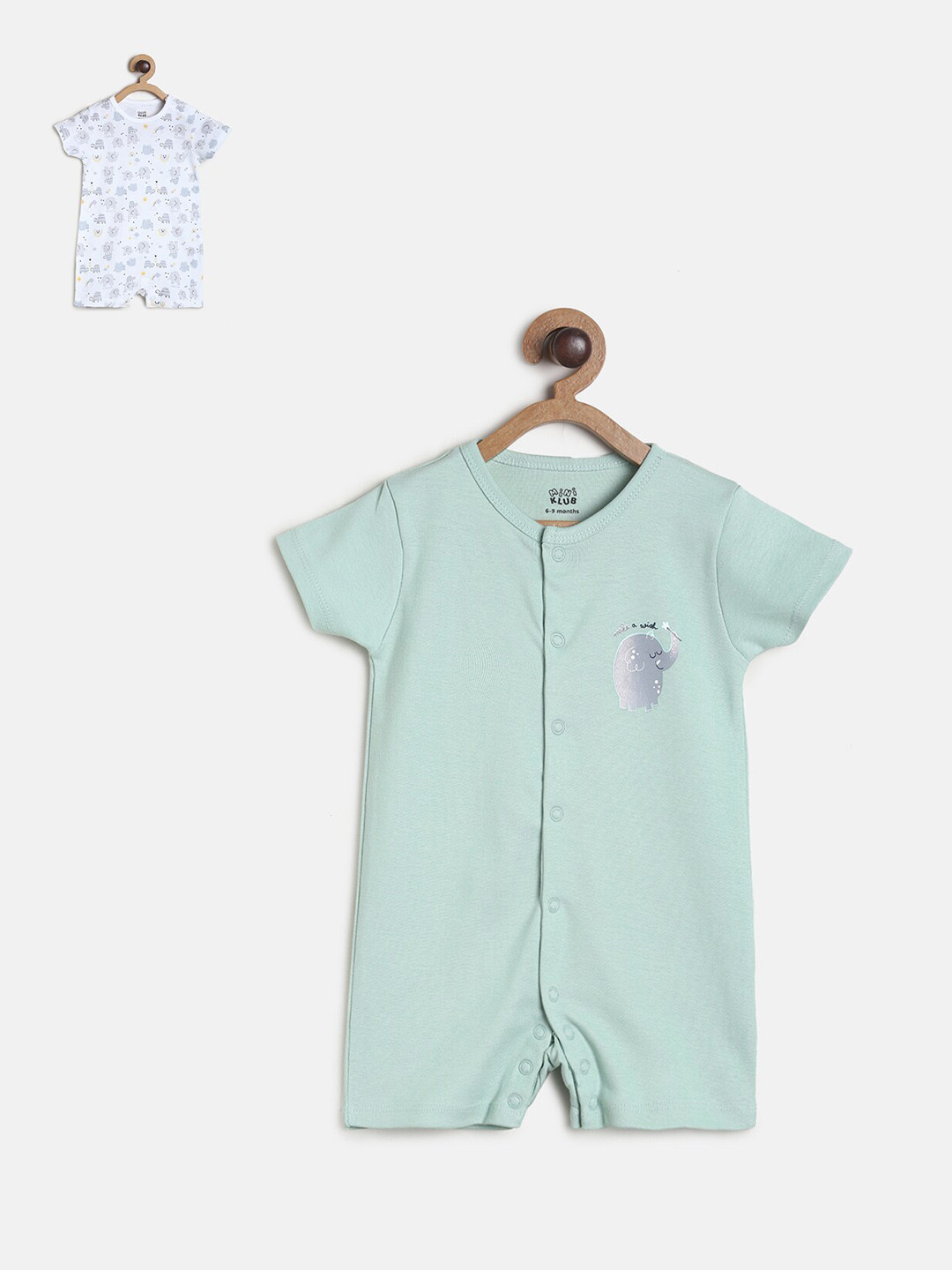 

MINI KLUB Infants Boys Pack of 2 White & Green Printed Cotton Romper