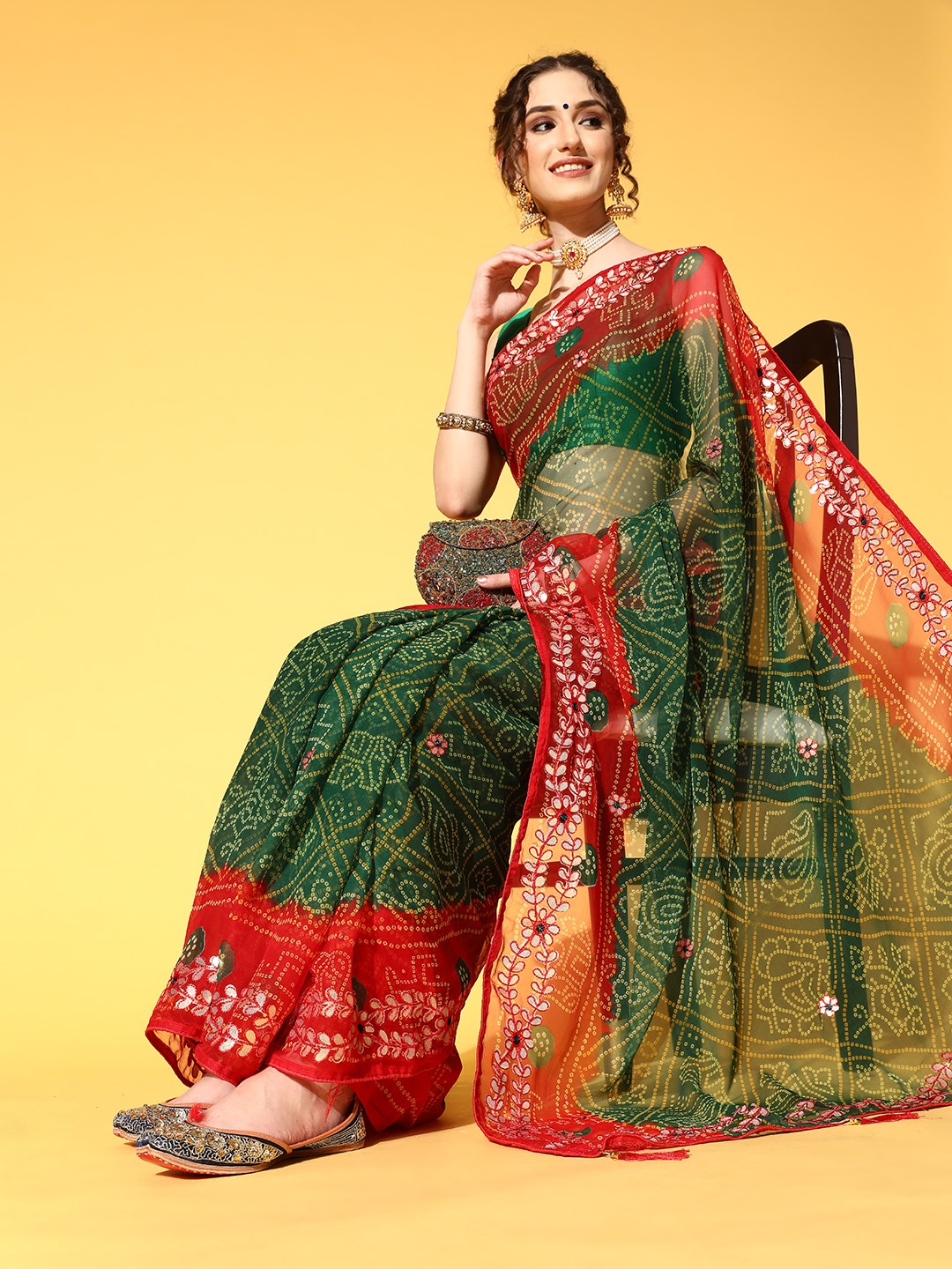 

Chhabra 555 Green & Red Bandhani Gotta Patti Bandhani Saree