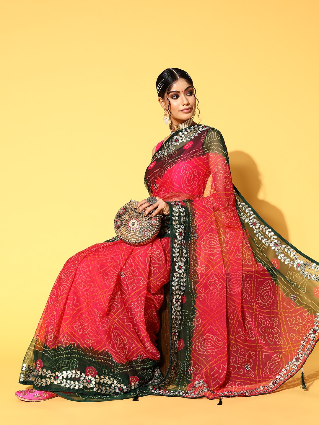 

Chhabra 555 Pink & Green Bandhani Gotta Patti Bandhani Saree